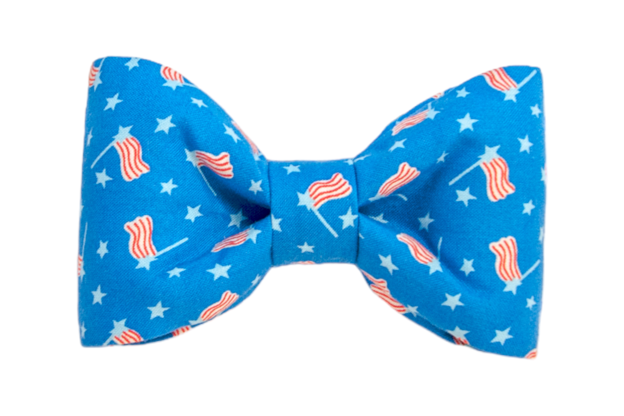 A festive dog bow tie made from bright blue fabric covered in a repeating pattern of white stars and waving American flags. The symmetrical bow has crisp folds and a neat center knot, perfect for a patriotic celebration.