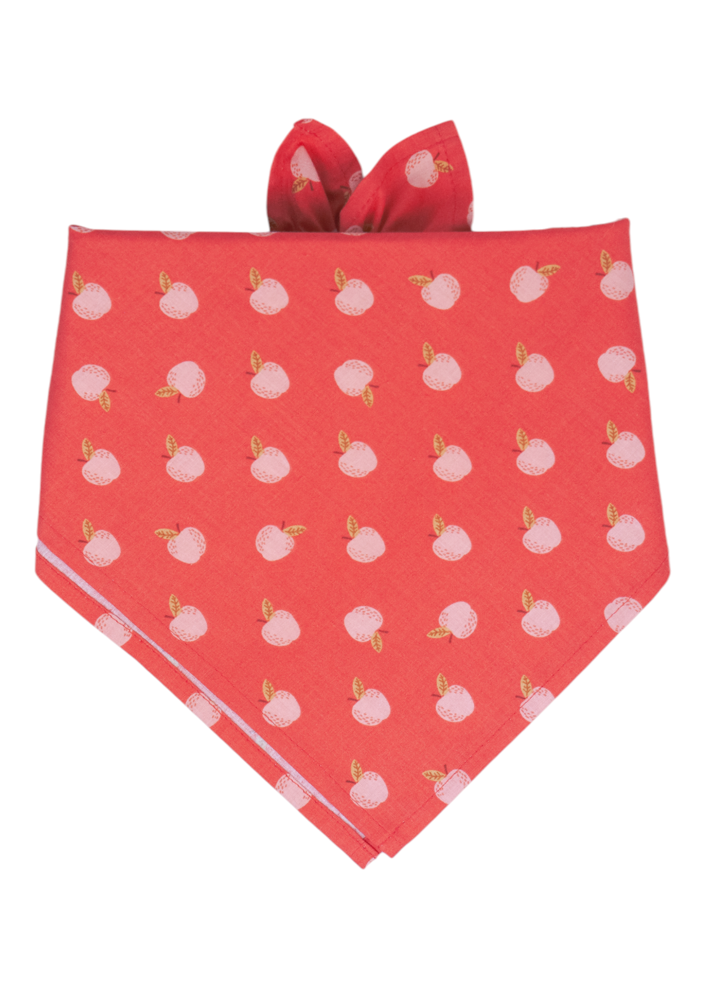 Soft fabric dog bandana with whimsical apples. Folded in a classic triangle and knots on top making it easy to slip over your pups head. Handmade in Charleston, SC.