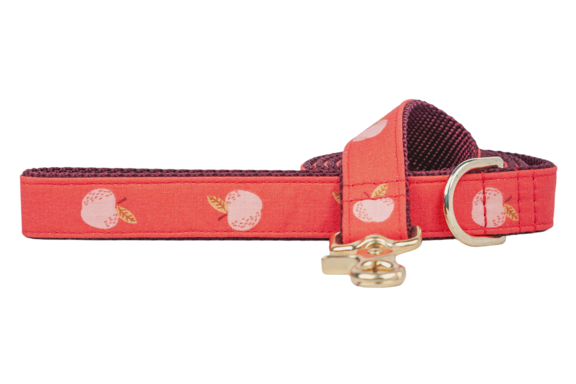 Vibrant red dog leash with whimsical apple motifs, sturdy swivel clip, and sturdy webbing backing. Handmade in Charleston, SC.