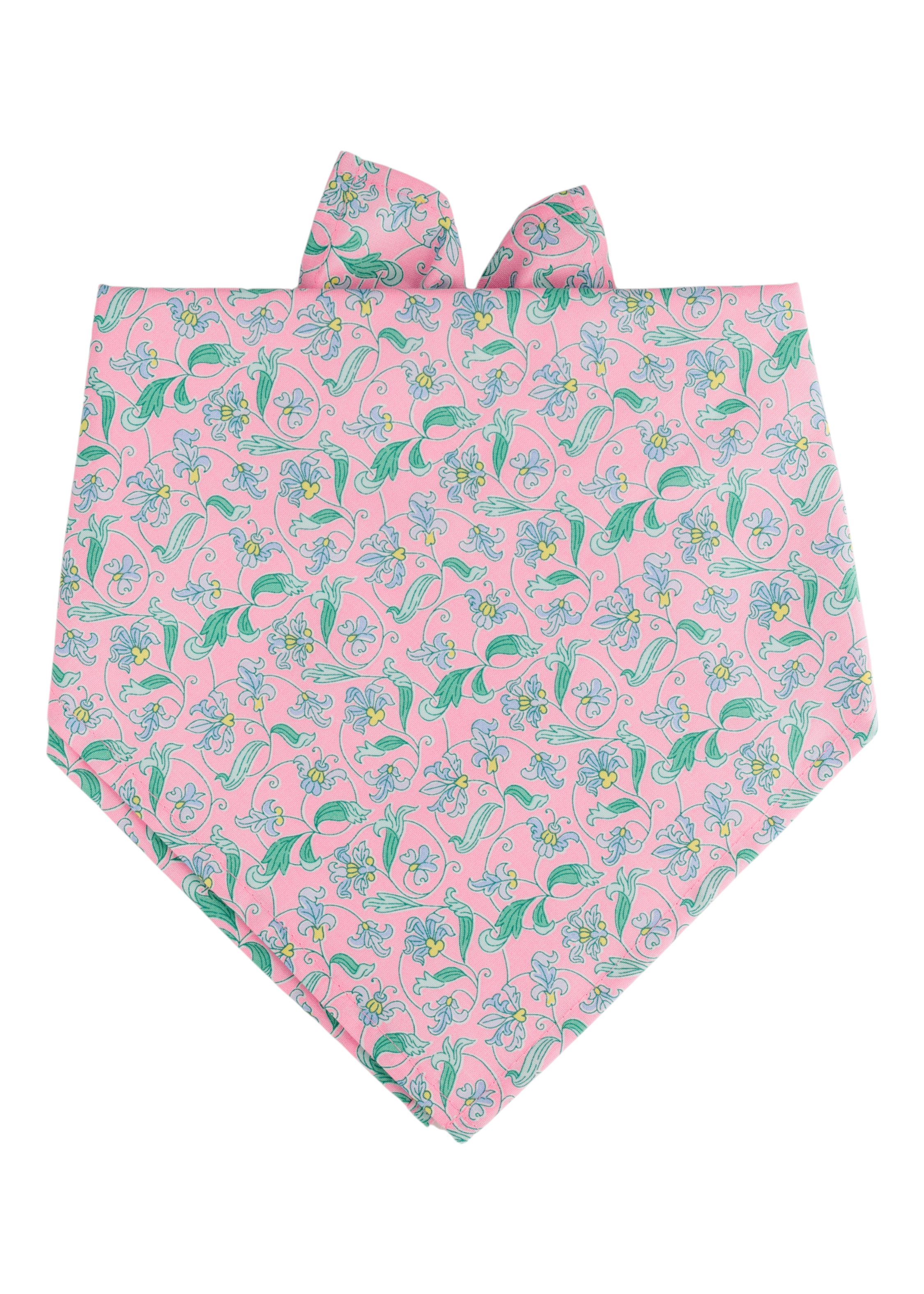 Dog bandana in soft pink fabric adorned with a repeating print of small blue blossoms, yellow-centered daisies, and leafy green vines. The bandana is shaped with a pointed bottom and finished with tie-up corners for a classic, adjustable fit.