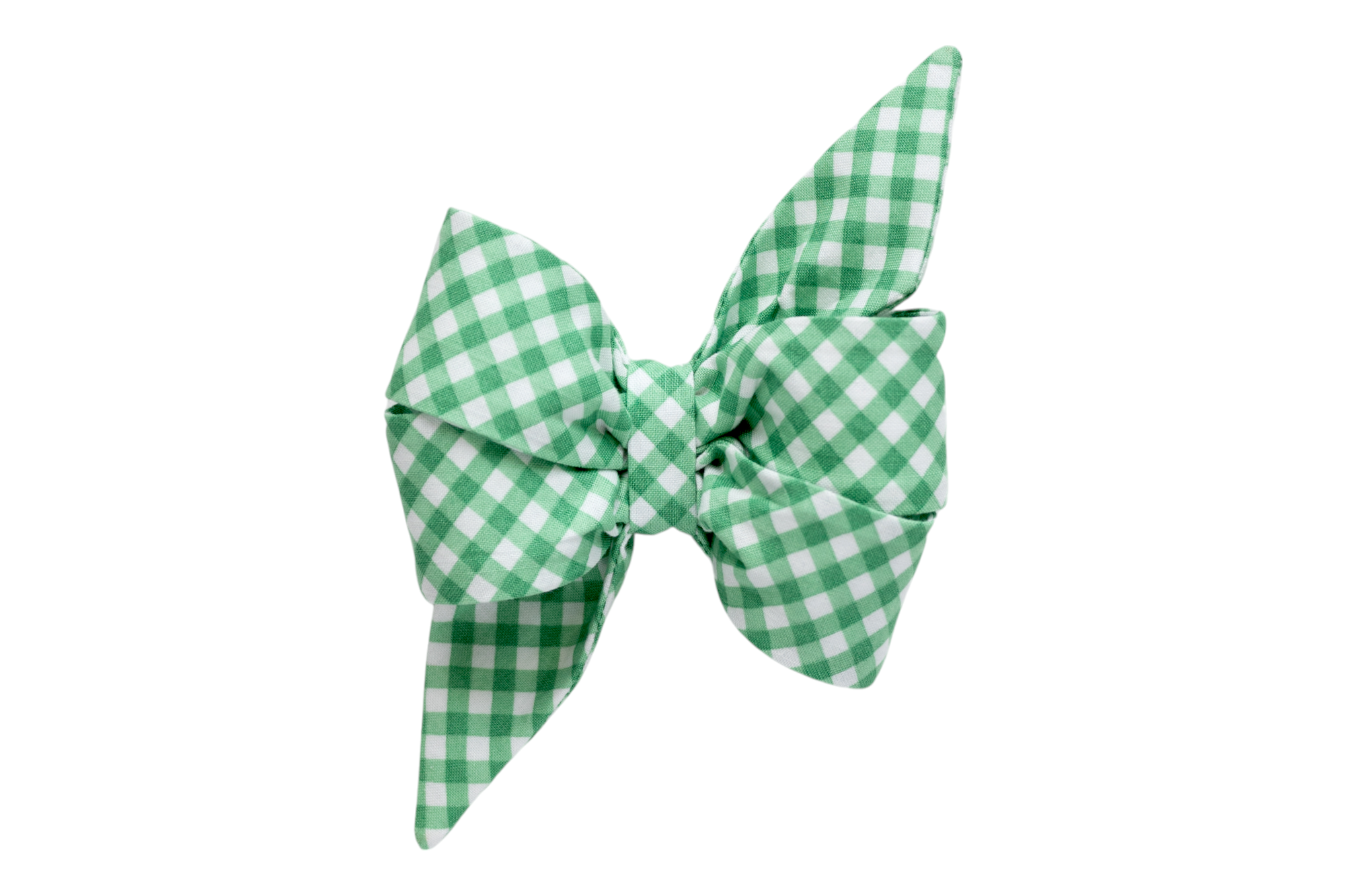 A handmade girl dog belle bow with a classic green gingham pattern, perfect for a timeless and charming look. Ideal for both casual and special occasions.