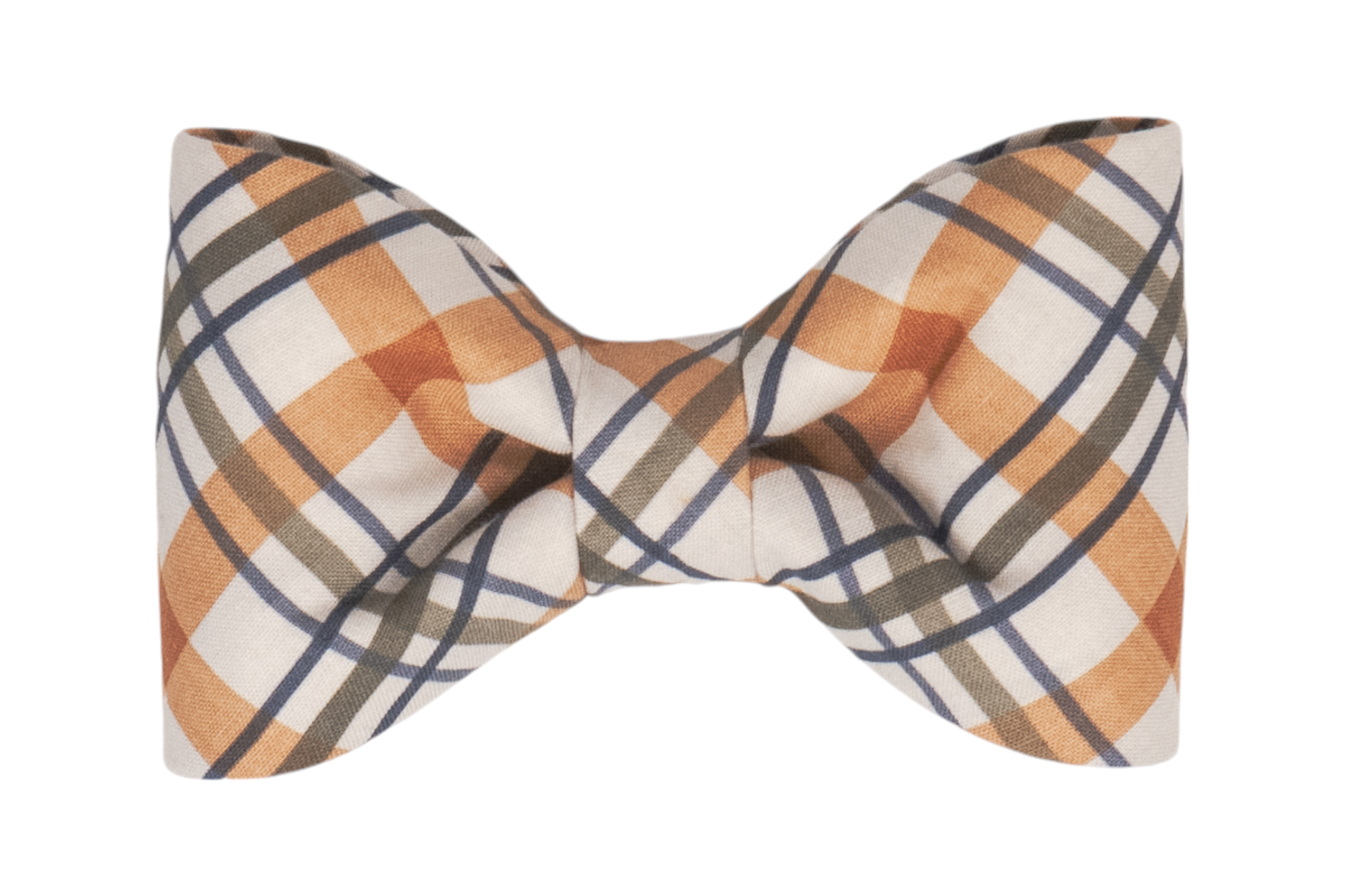 A handmade dog bow tie with a timeless Fall-inspired plaid design, blending warm hues of orange, beige, and olive green with crisp navy accents.