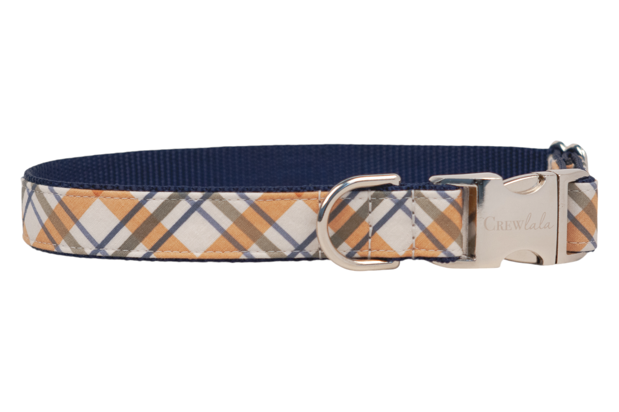 Dog collar with a classic fall plaid pattern in cozy colors. The collar features a shiny metal buckle engraved with "Crewlala" and a D-ring for attaching a leash.