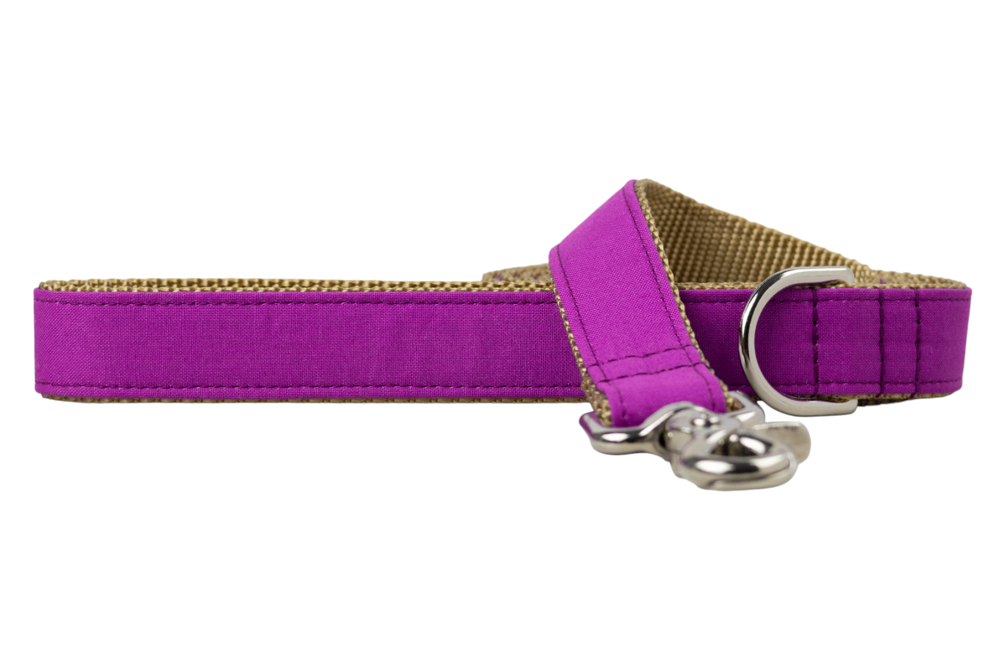 Dog leash set a deep purple with a tan woven underside, featuring silver metal hardware including a D-ring and clasp.
