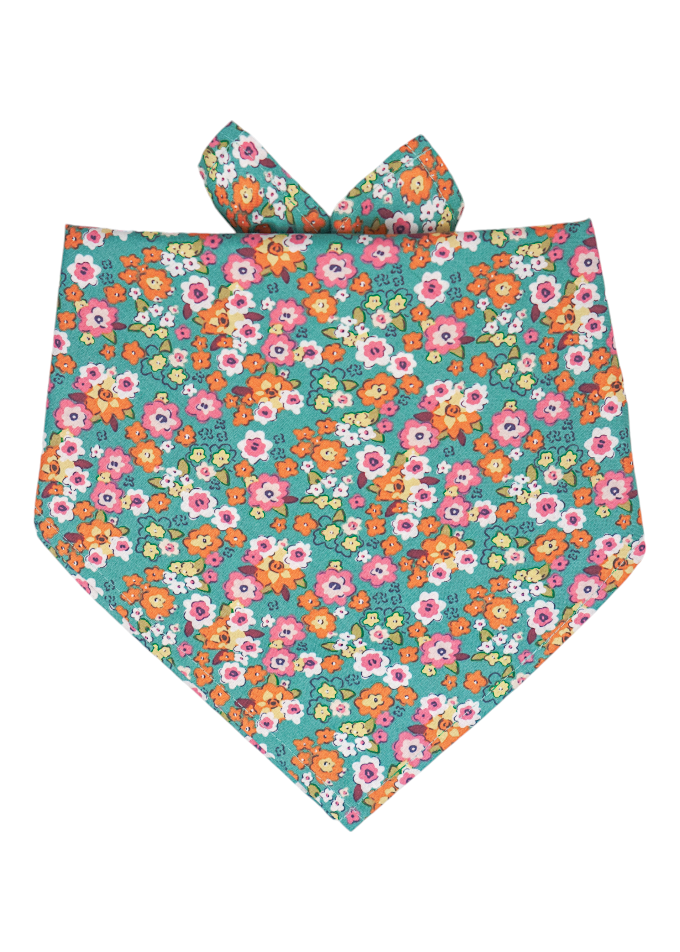 Bright teal green bandana with a lively scatter of tiny flowers in vivid shades of orange, pink, and white. The top corners are knotted to create a pair of soft, upright fabric ears.