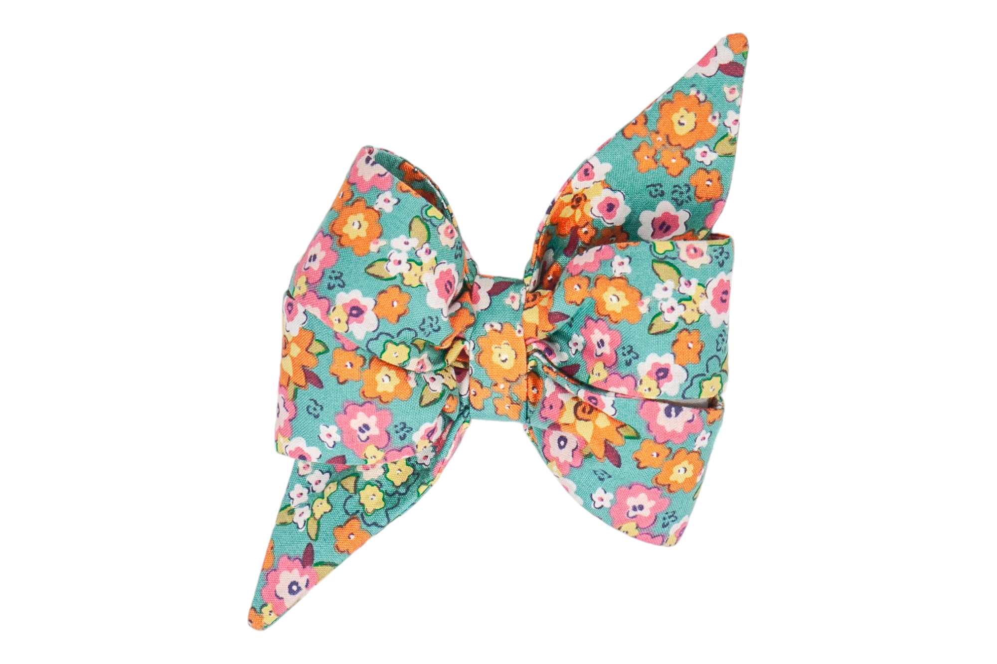 Beautifully crafted floral girl dog belle bow with a playful mix of orange, pink, yellow, and white flowers, a perfect Fall floral pattern.