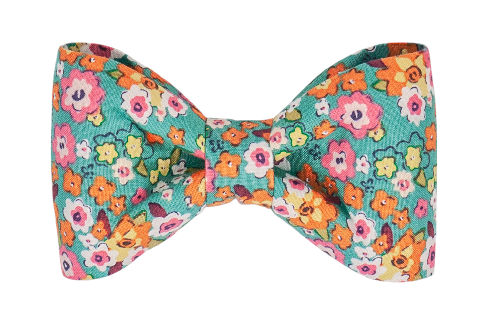 Beautifully crafted floral dog bow tie with a playful mix of orange, pink, yellow, and white flowers, a perfect Fall floral pattern.