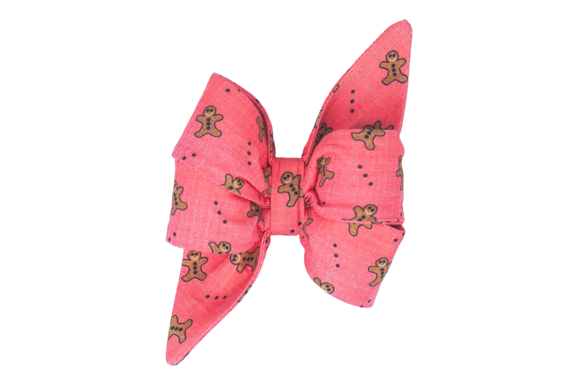 This jolly red dog belle bow brings major holiday flair, featuring a cute gingerbread cookie print and playful polka dots. With a big, fluffy shape and crisp pointed ends, it’s made for pups who love to dress to impress!