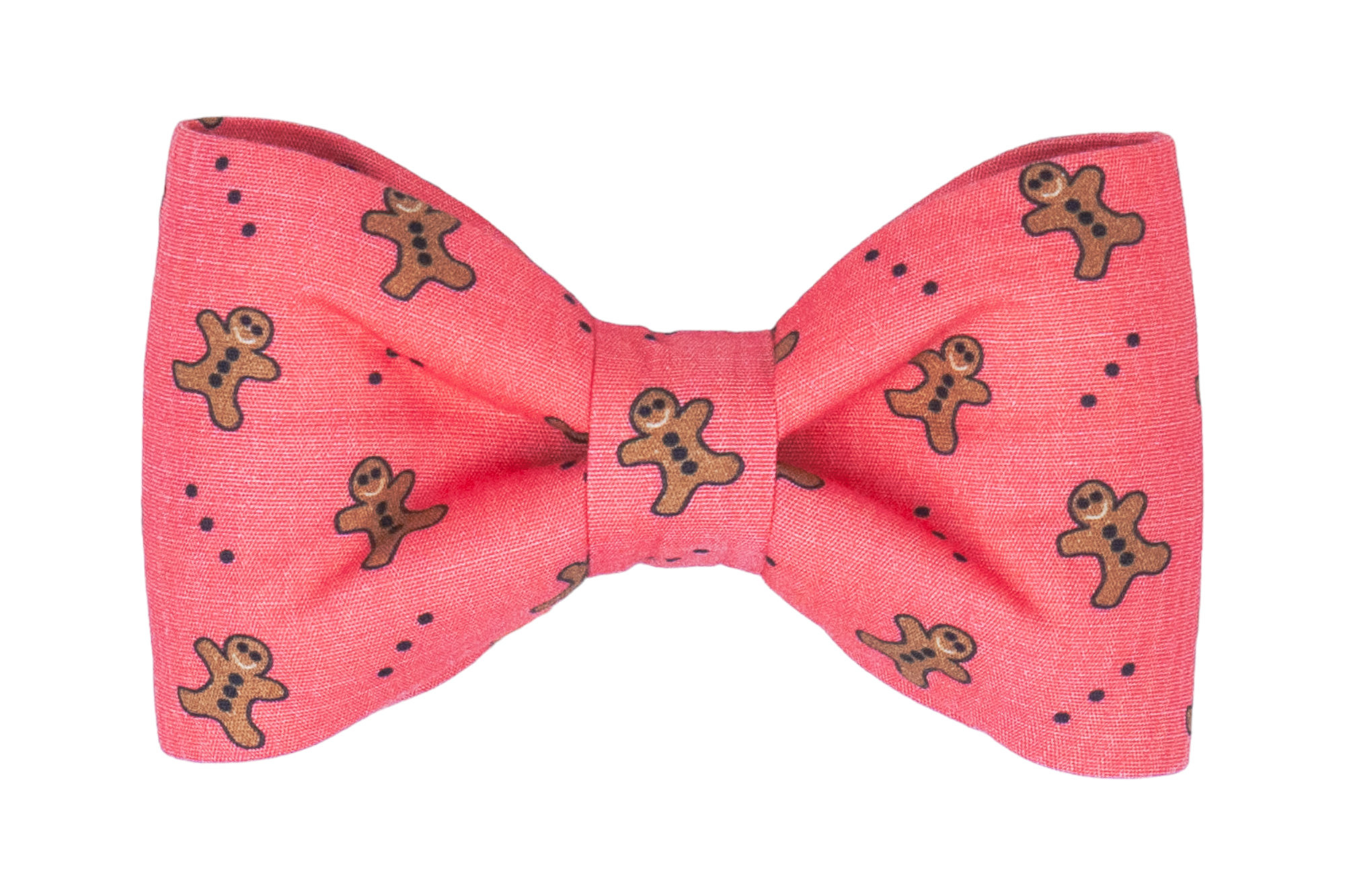 A bright red dog bow tie with smiling gingerbread men and scattered dots—perfect for adding a dash of holiday cheer to your pups holiday outfit.