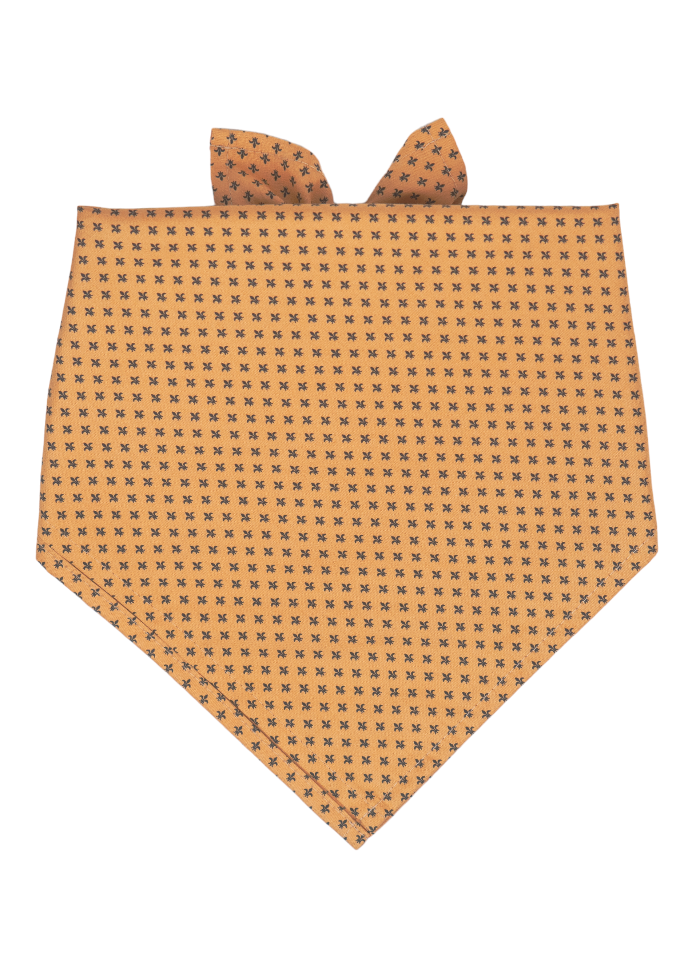 Stylish dog bandana in golden-yellow cotton fabric featuring a pattern of miniature fleur-de-lis symbols, each evenly aligned for a uniform look, with a sharply pointed lower edge and narrow tie ends folded neatly at the top.