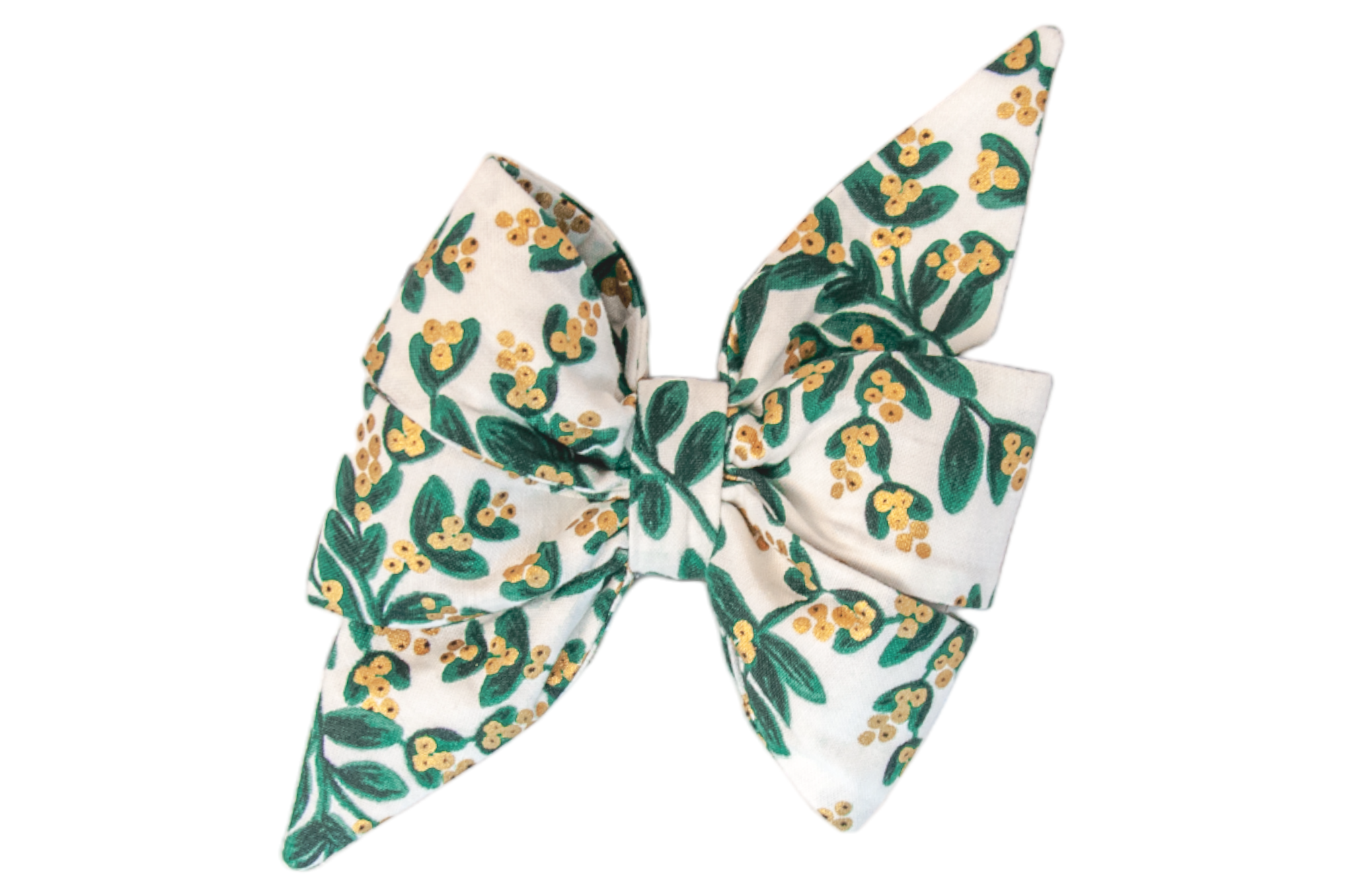 Festive dog belle bow in crisp light fabric with green mistletoe and metallic berries, styled with dramatic pointed ends and layered loops for a cheerful, feminine winter statement.