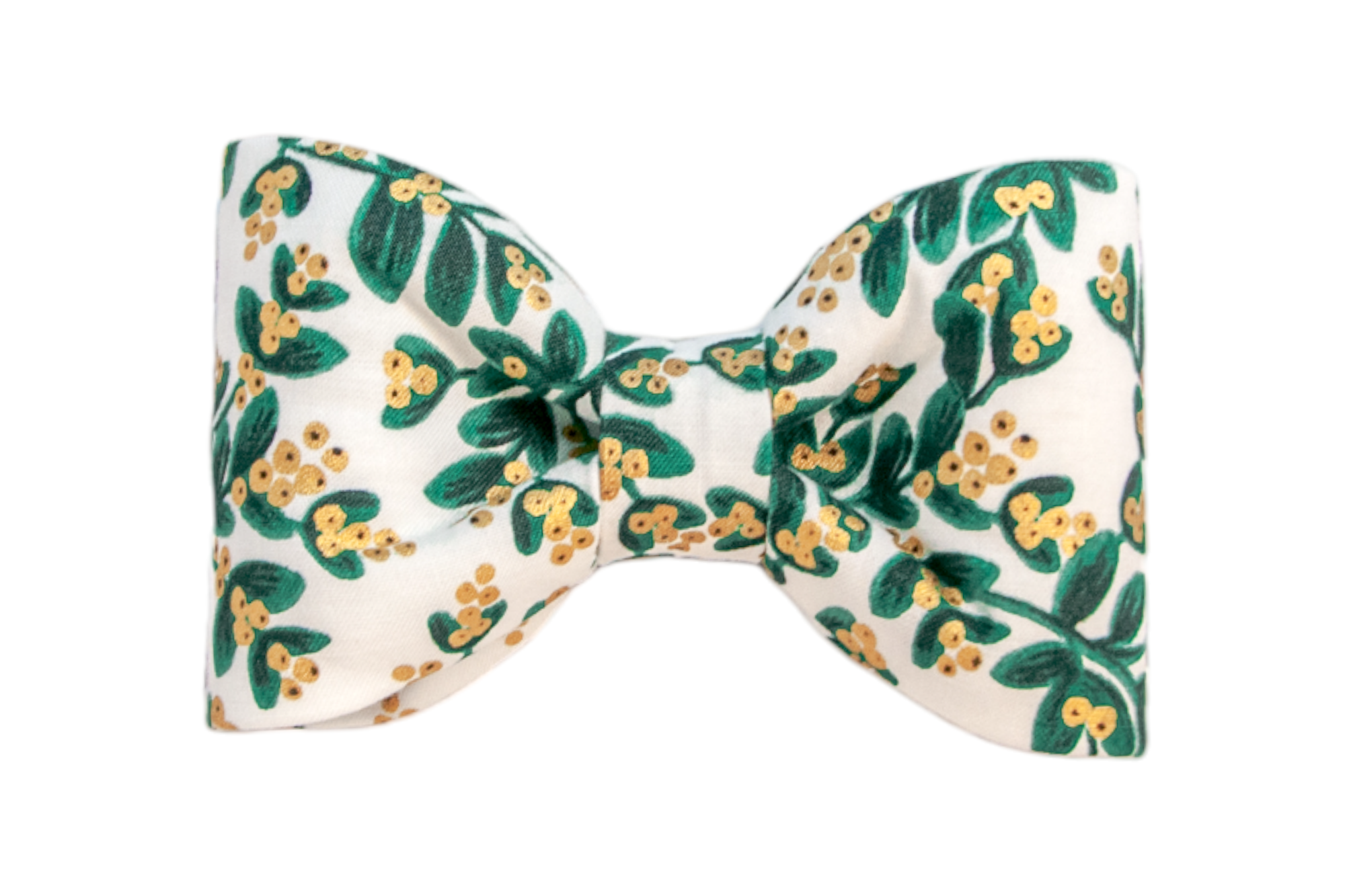 Holiday-inspired dog bow tie in crisp light fabric adorned with green mistletoe leaves and shiny metallic berries, styled with a cinched center and neat, structured edges for a timeless winter look.