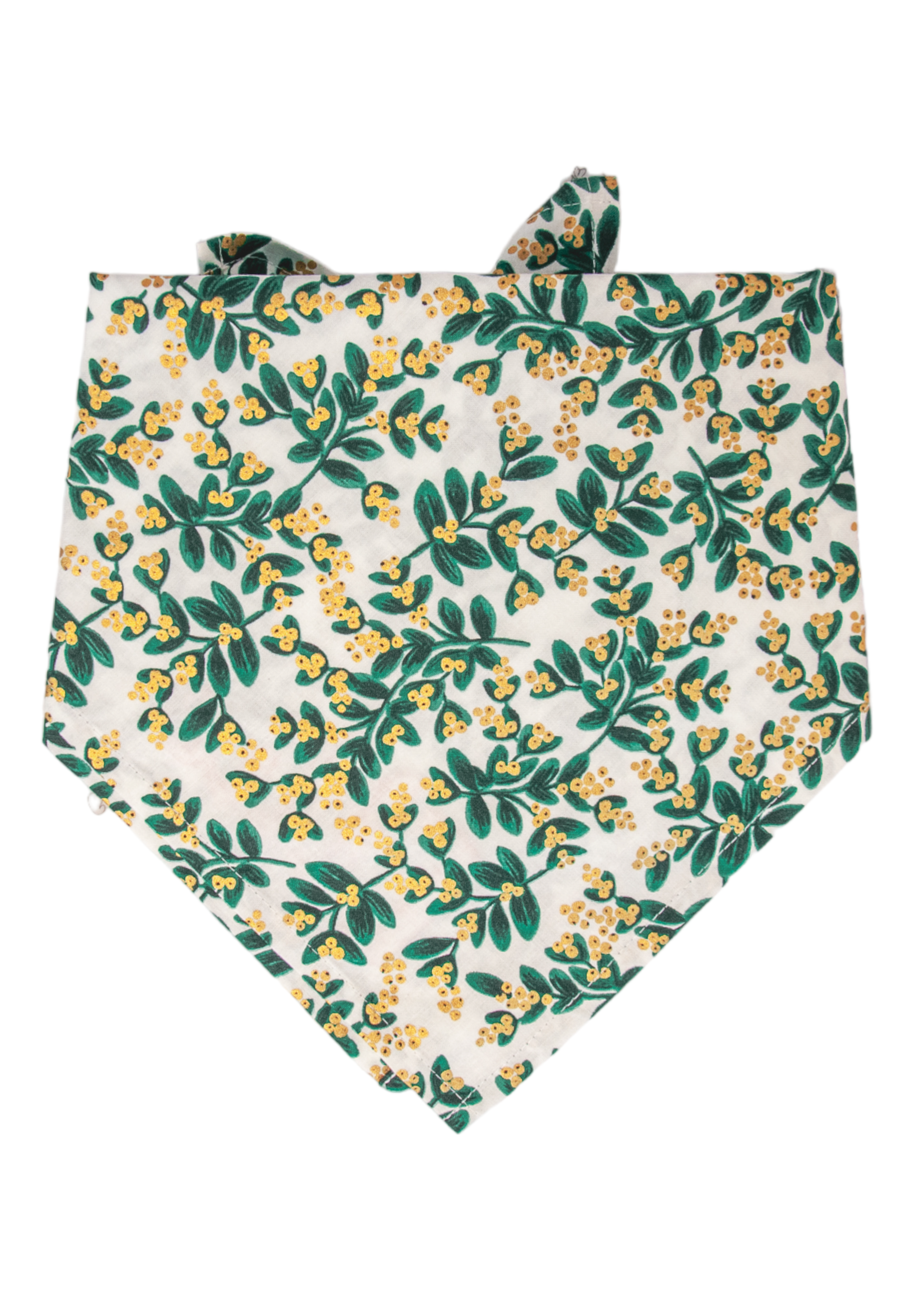 Holiday dog bandana in crisp fabric with an all-over mistletoe print, showcasing green foliage and shimmering metallic berries—perfect for pups bringing sparkle to every snowy stroll.