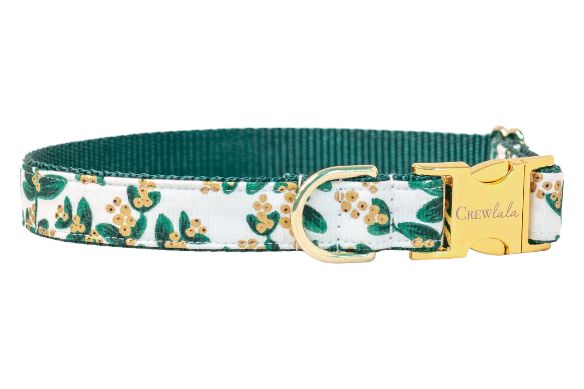 Holiday dog collar in a crisp mistletoe print with metallic berry details, featuring polished hardware and a contrasting underside for a mix of seasonal flair and classic charm.