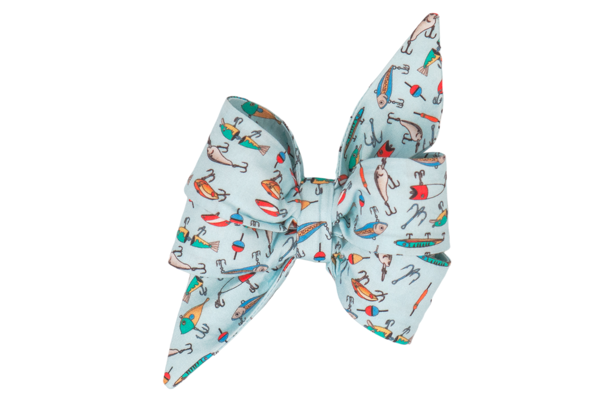 Playful fishing-themed girl dog belle bow in light blue, decorated with colorful lures and bobbers.