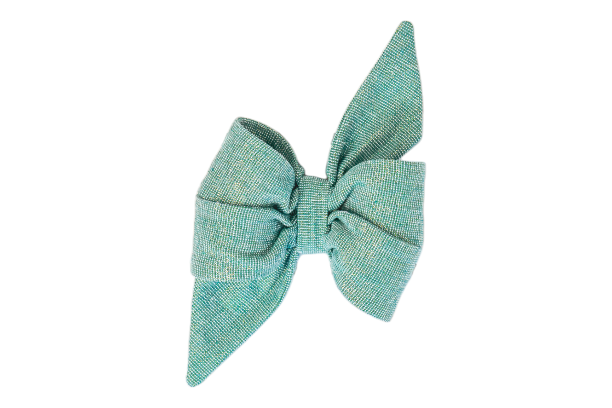 A handcrafted belle bow made of green textile with a subtle two-tone weave, forming a crisp silhouette with puffed loops and sharply tapered ends. The structured fabric gives the belle bow a polished and feminine finish.