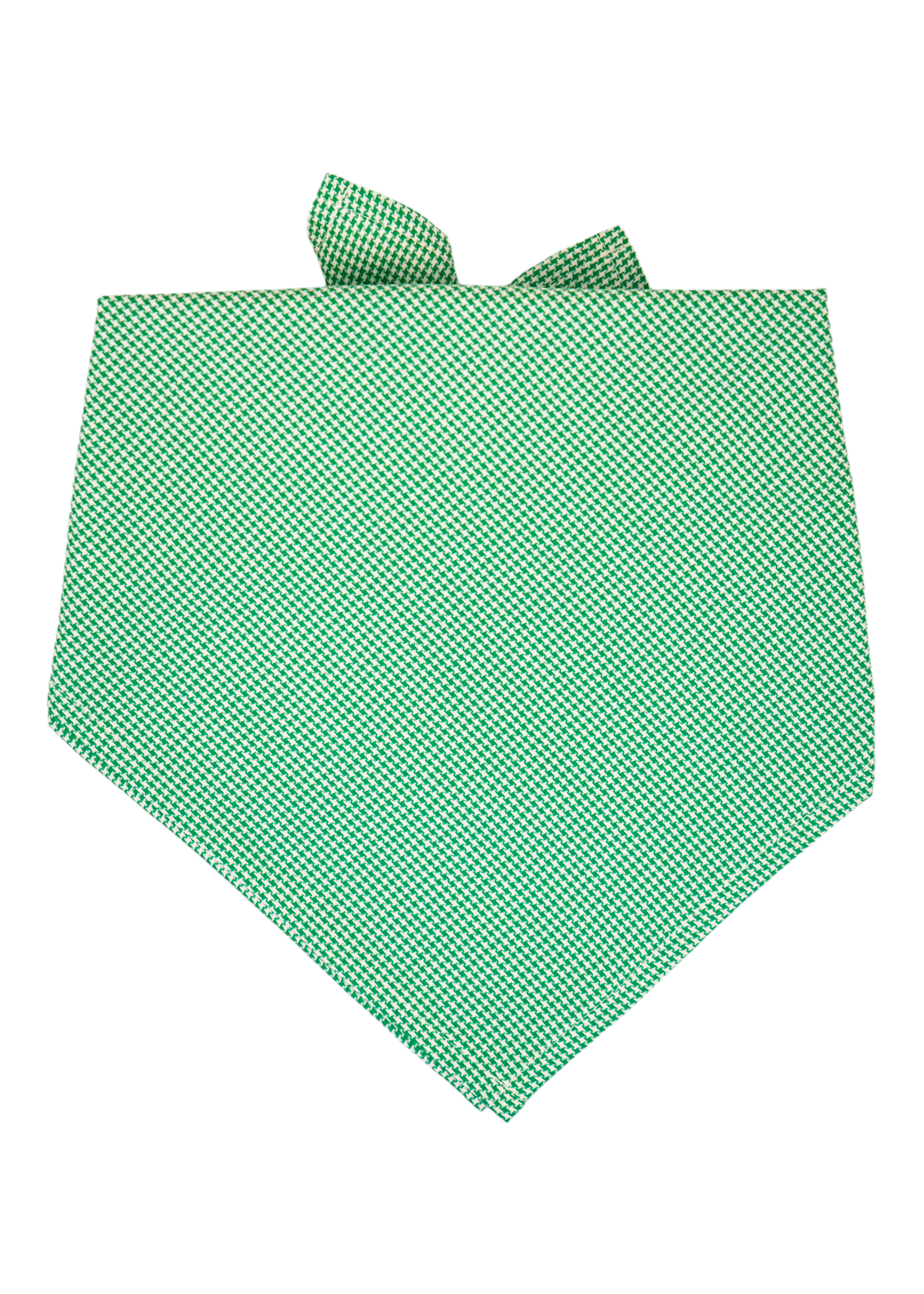 Dog bandana featuring a vibrant green houndstooth pattern, folded in a classic triangular shape with neatly hemmed edges. Designed to tie comfortably around the dog's neck, with fabric tips extending at the top for a secure knot and a polished look