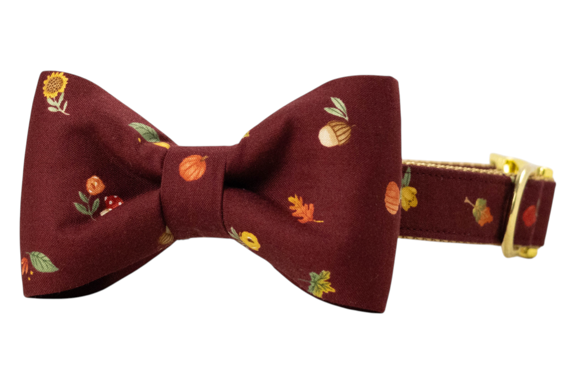 Burgundy pet collar with a matching bow tie, adorned with charming fall motifs including acorns, mushrooms, and leaves, accented by shiny hardware.