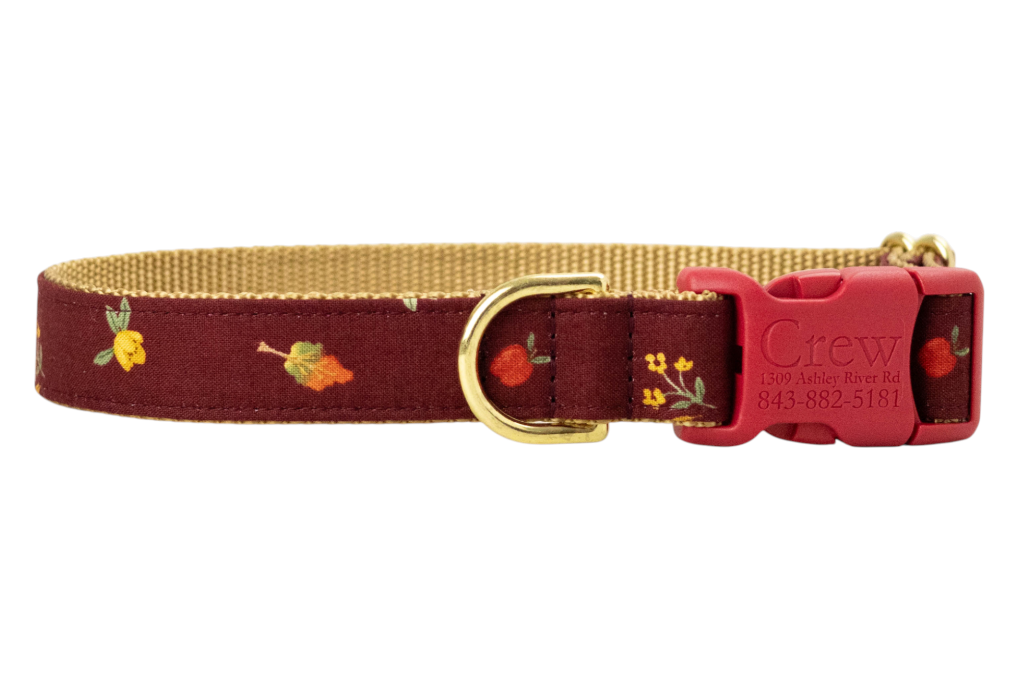 Burgundy dog collar adorned with tiny fall leaves and florals, complete with a plastic buckle engraved with "Crewlala" and metal D-ring.