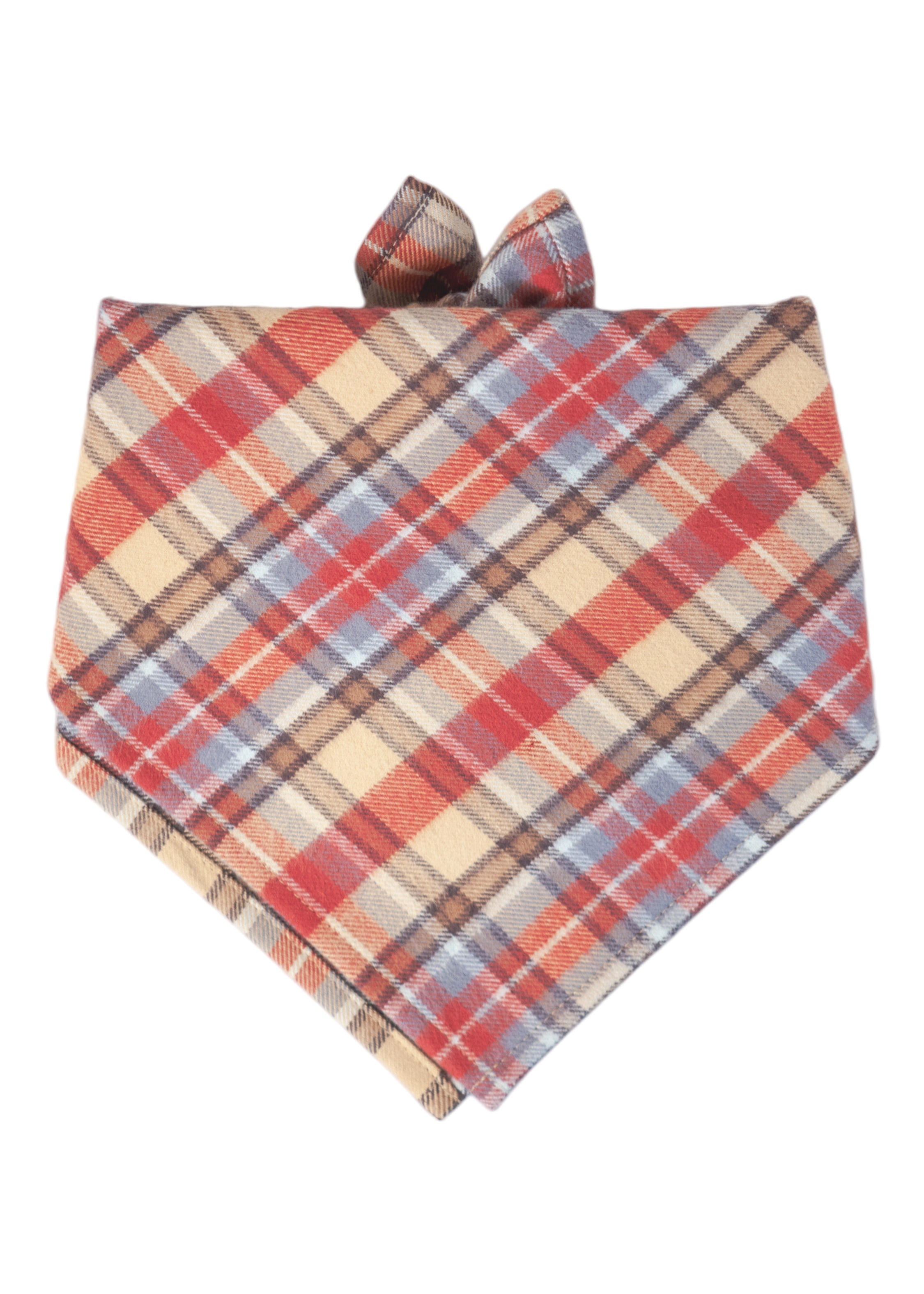 Cozy plaid dog bandana in warm fall hues, crafted from flannel fabric.