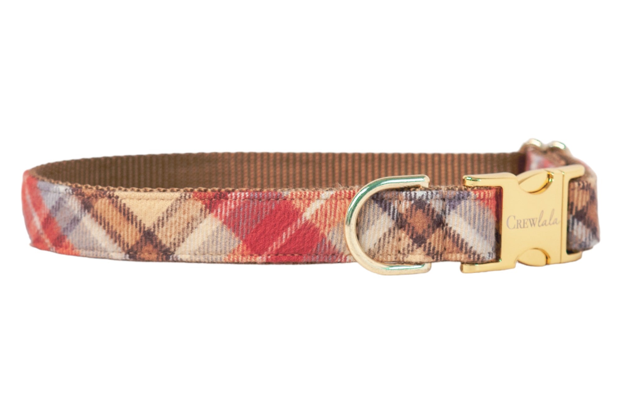 Fall-themed plaid dog collar in warm hues, made from durable flannel material with a metal D-ring and matching engraved side-release buckle.