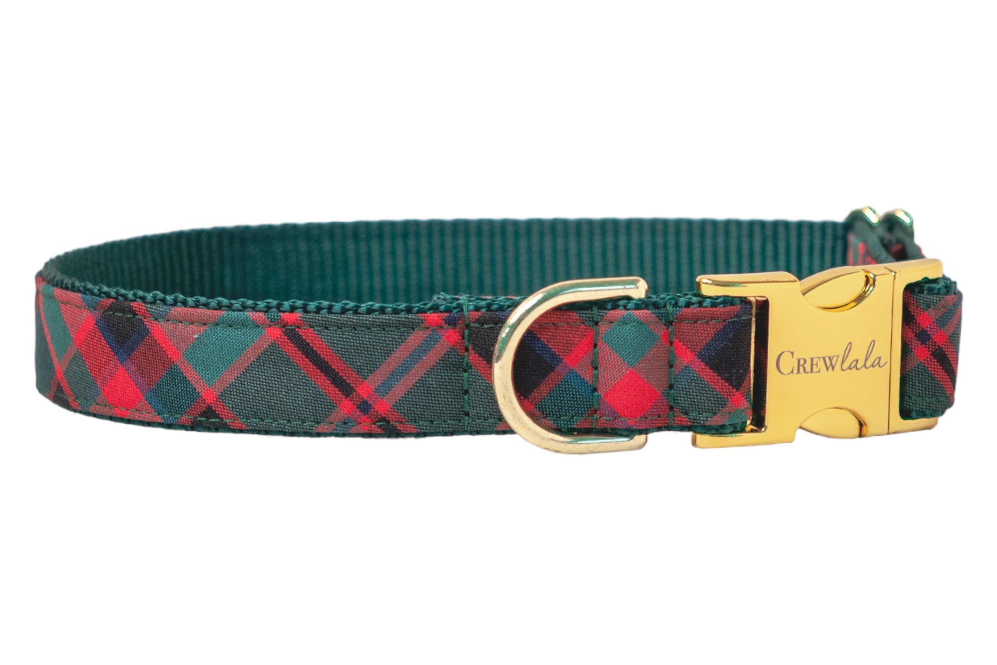 A festive red plaid dog collar with metal hardware, including a sleek side-release buckle engraved with “Crewlala” and a sturdy D-ring for leash attachment. The vibrant tartan pattern pops against the dark nylon interior, blending style with durability.