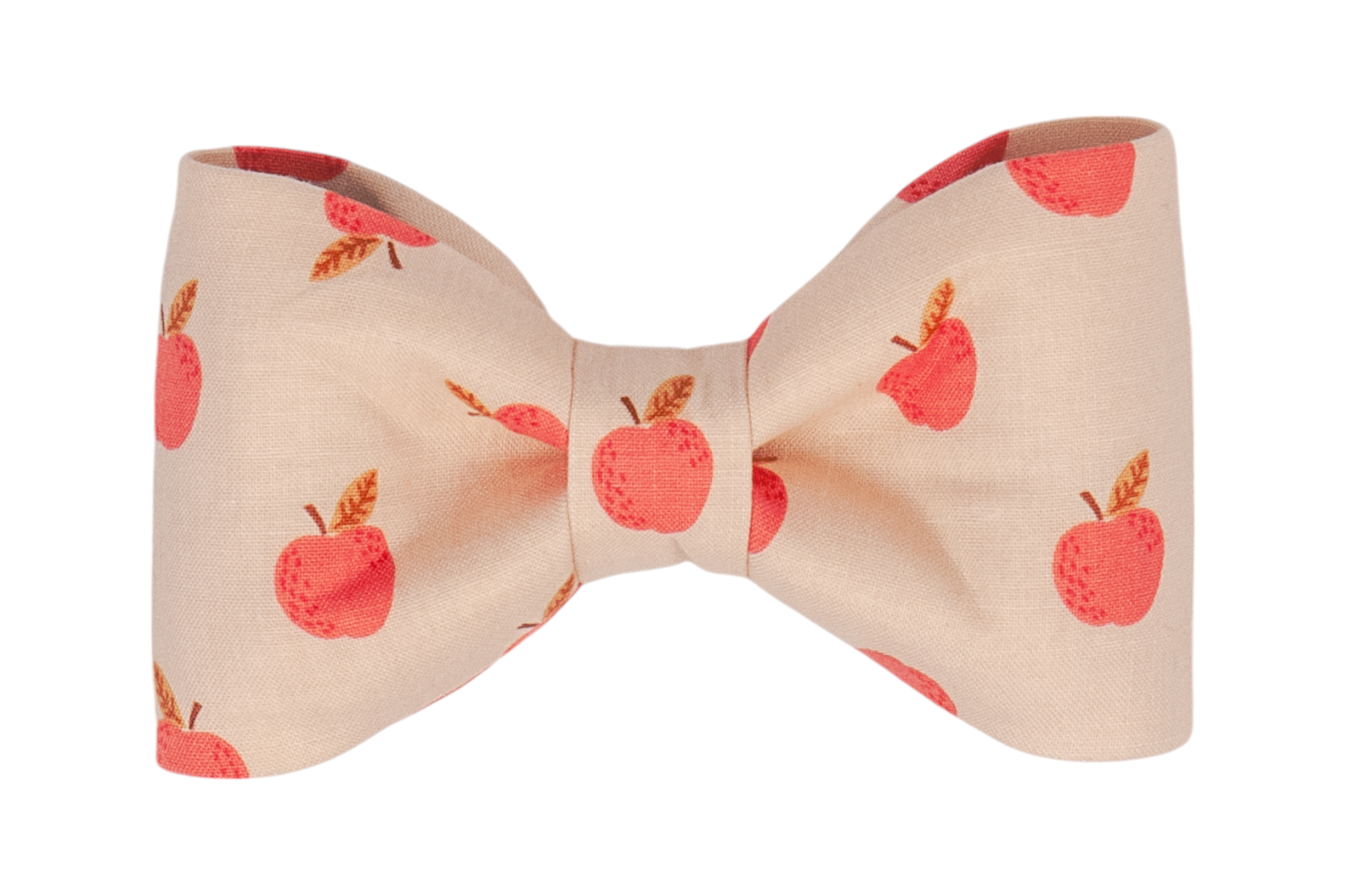 A handmade dog bow tie with a soft beige backdrop, beautifully decorated with charming red apples and delicate leaf details. Get your pup ready for Fall apple picking!