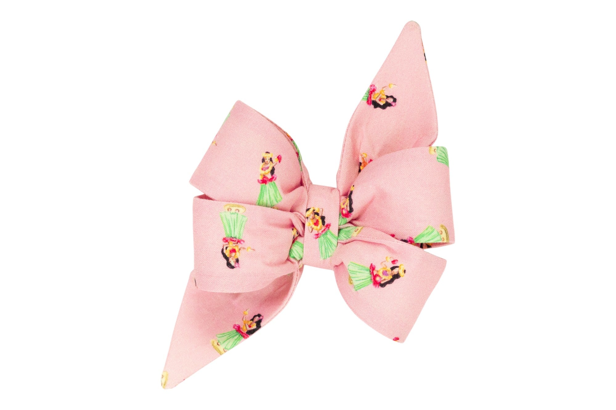 Large pink belle bow for girl dogs with pointed tails, printed with charming hula dancers in green grass skirts and tropical attire.