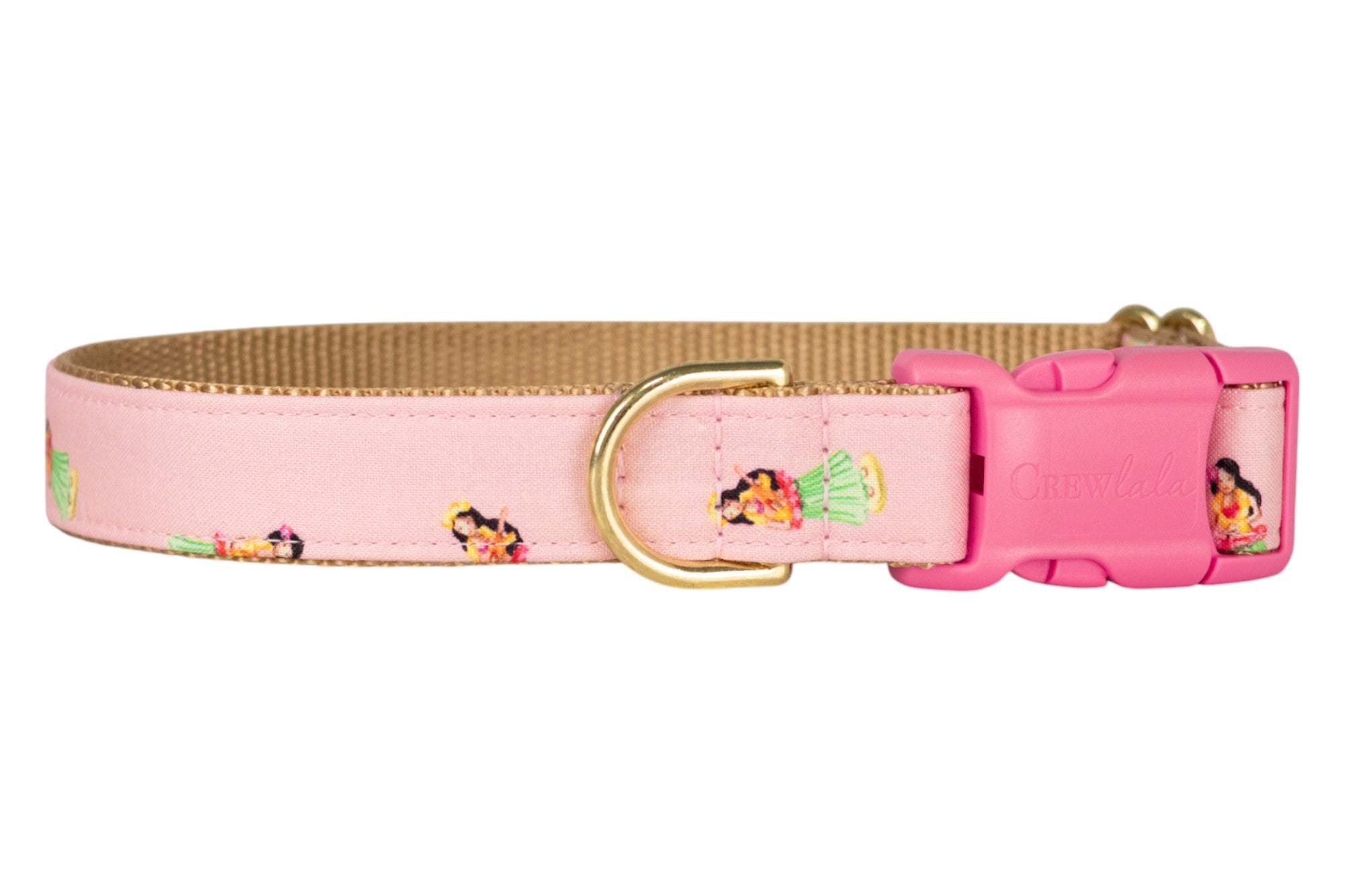 Pink dog collar with a bright pink plastic buckle and gold D-ring, decorated with a fun print of tiny hula dancers.