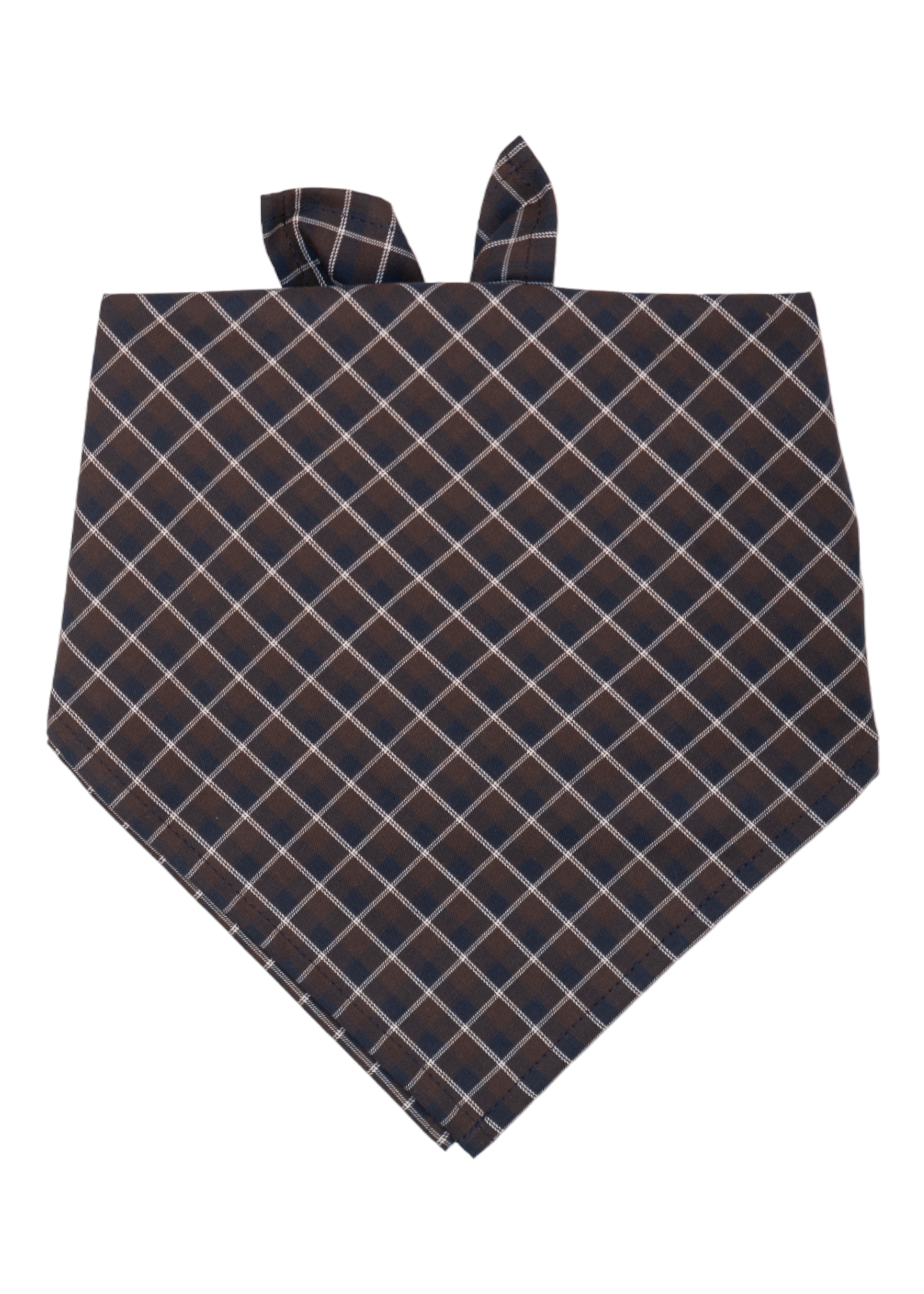 Dog bandana in a classic navy and brown argyle pattern. The bandana is folded and has ties at the top for secure fastening around the neck.
