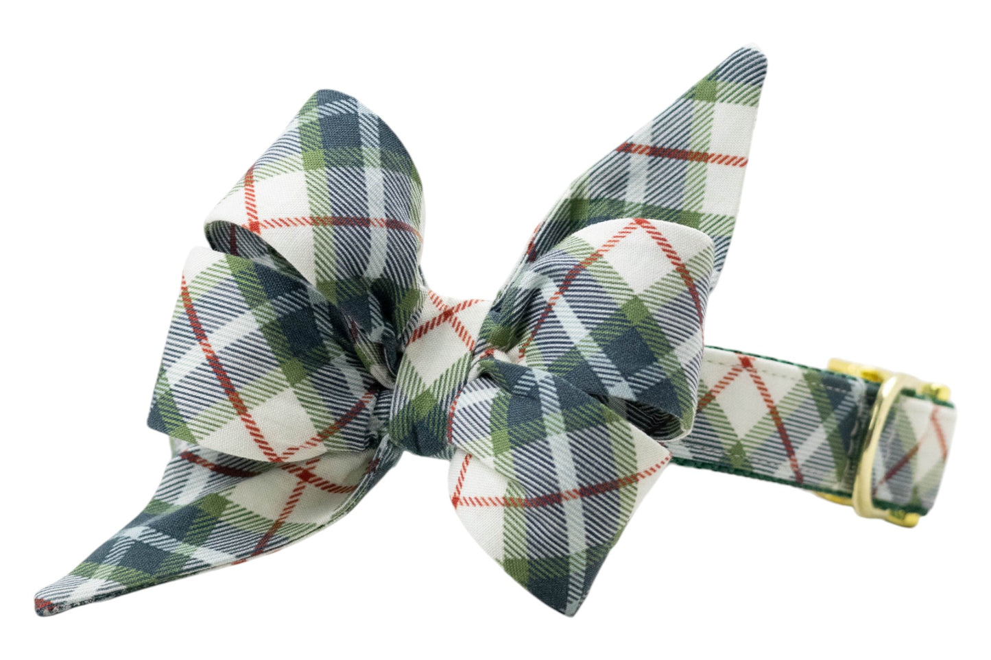 Dog collar with an attached oversized matching belle bow in a light fabric featuring a tartan plaid pattern, accented by thin diagonal stripes. The belle bow has two long, pointed tails for a stylish, festive look. The collar includes a polished D-ring and adjustable buckle for secure fit.