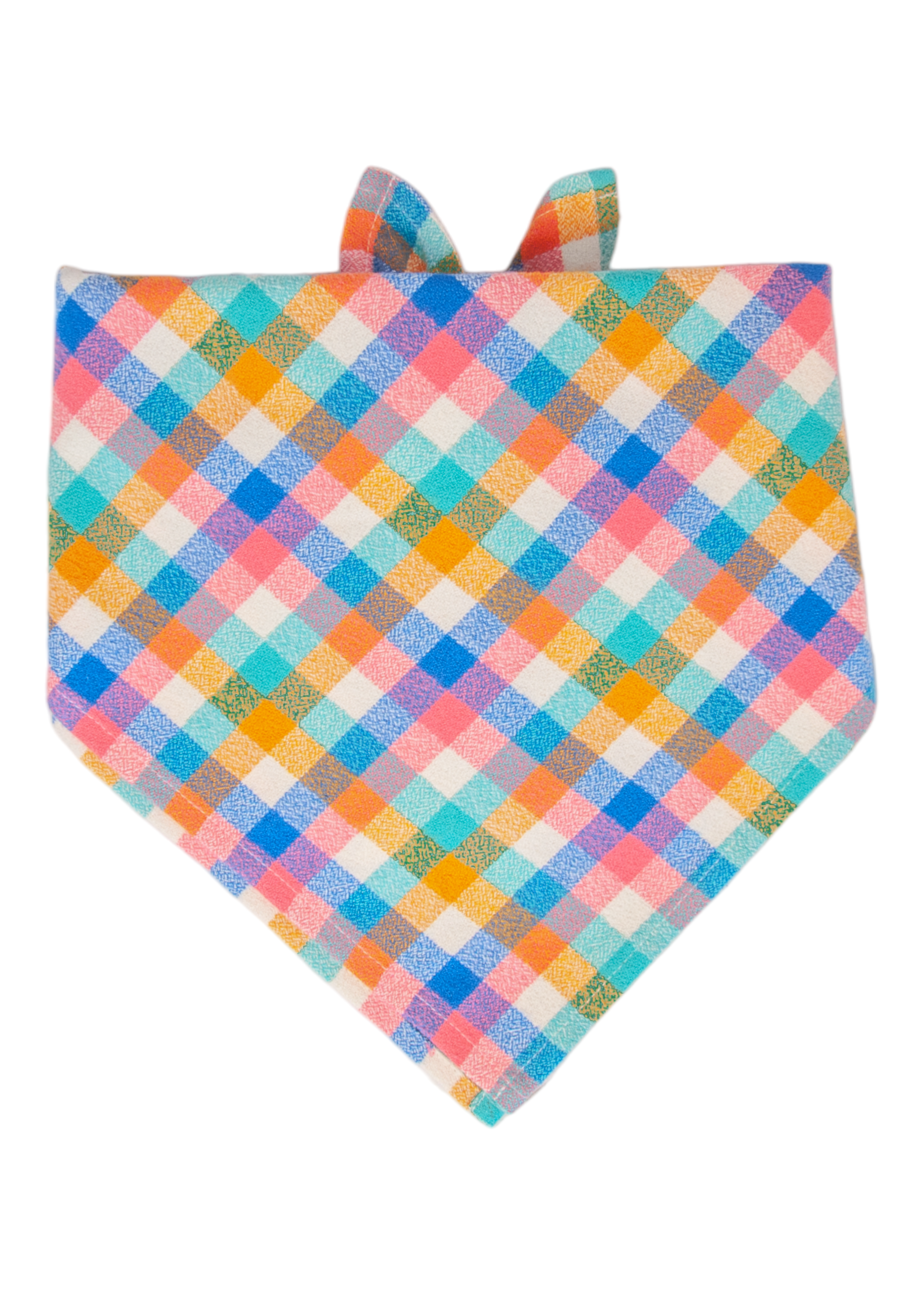 A vibrant pastel plaid dog bandana with overlapping squares in candy-colored hues — perfect for turning every outing into a photo-worthy moment.