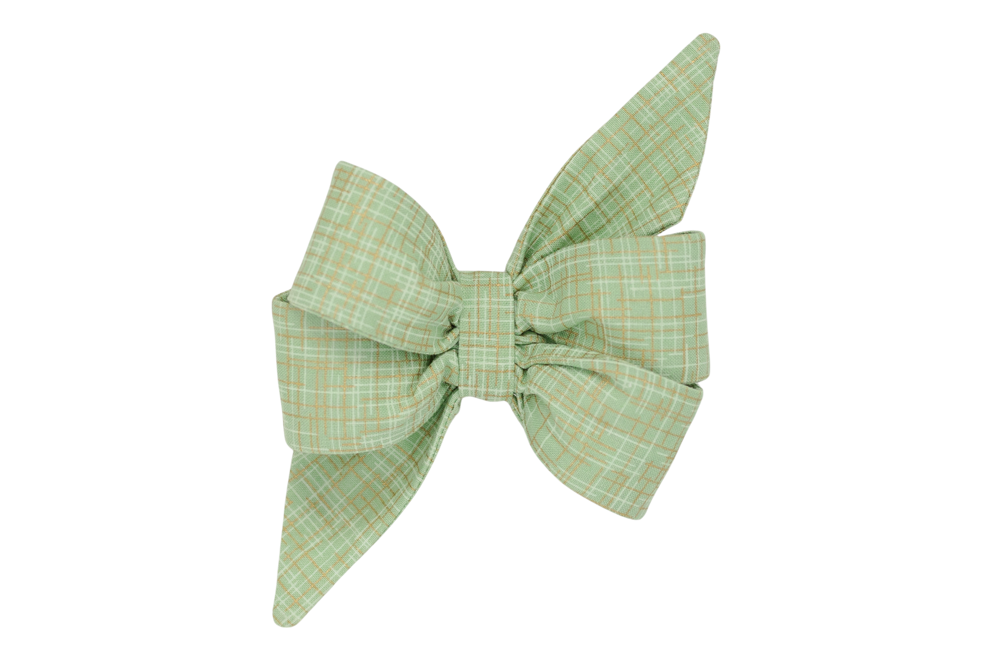 Soft green girl dog belle bow with a subtle gold and white plaid is a charming accessory for spring events or everyday wear.