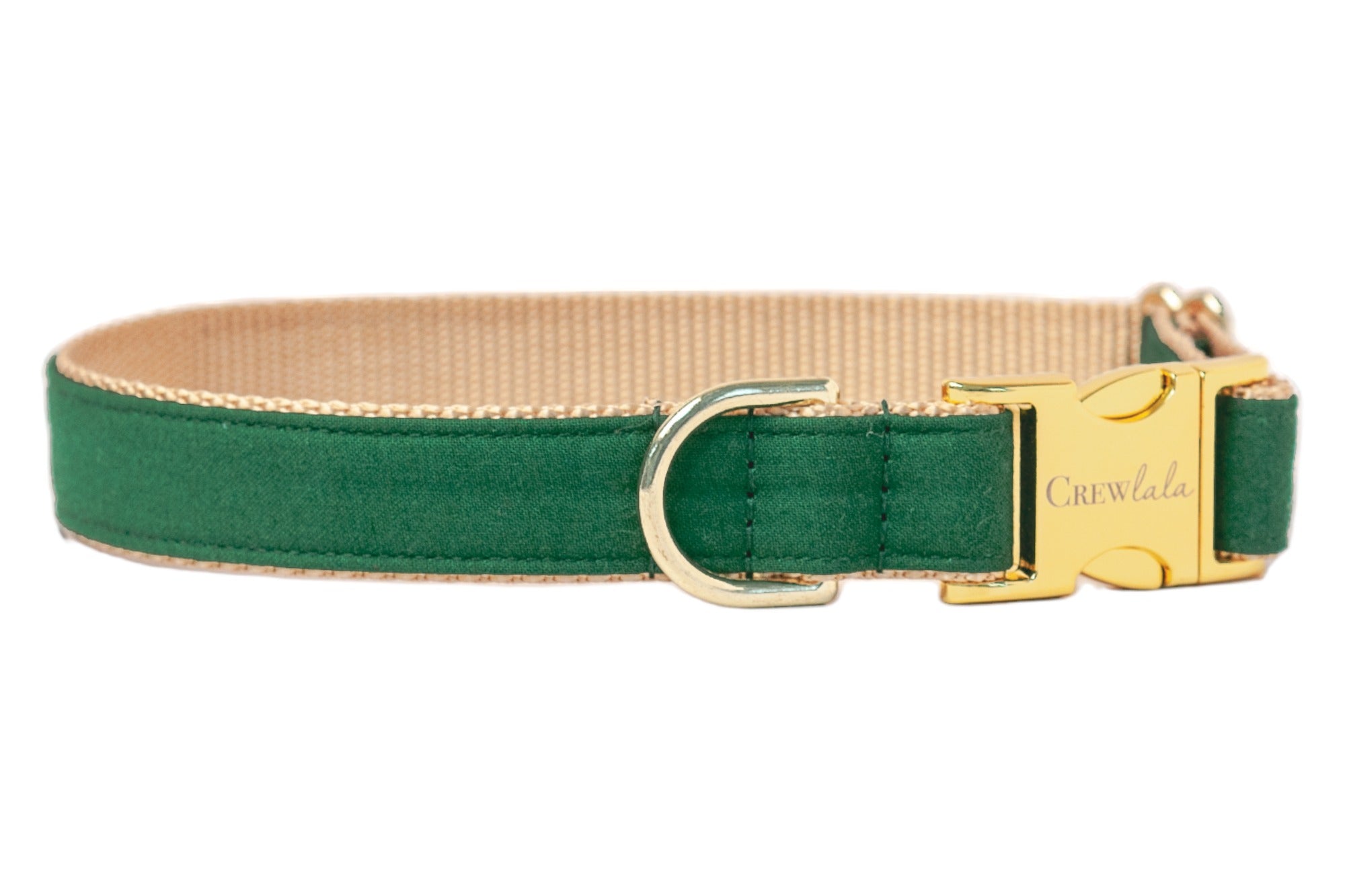 Elegant and durable dog collar by Crew LaLa, crafted with a kelly green fabric exterior, webbed backing for comfort, and luxe metal accents—including a secure clasp engraved with the brand name—for dogs who love to stand out on their daily strolls.