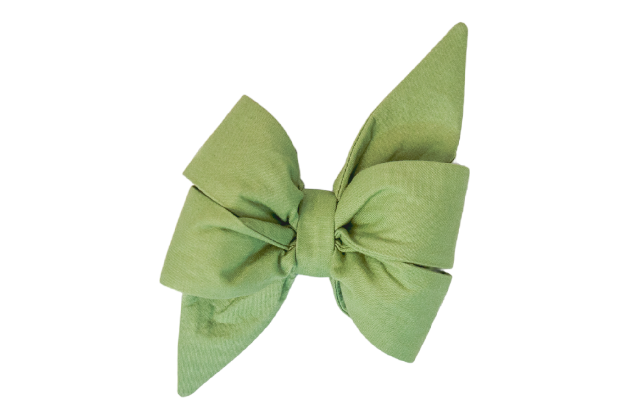 This statement dog belle bow features a classic oversized shape in laurel green fabric with gently structured loops and pointed trailing ends. The minimalist style offers a chic, polished touch ideal for seasonal or garden-themed looks.