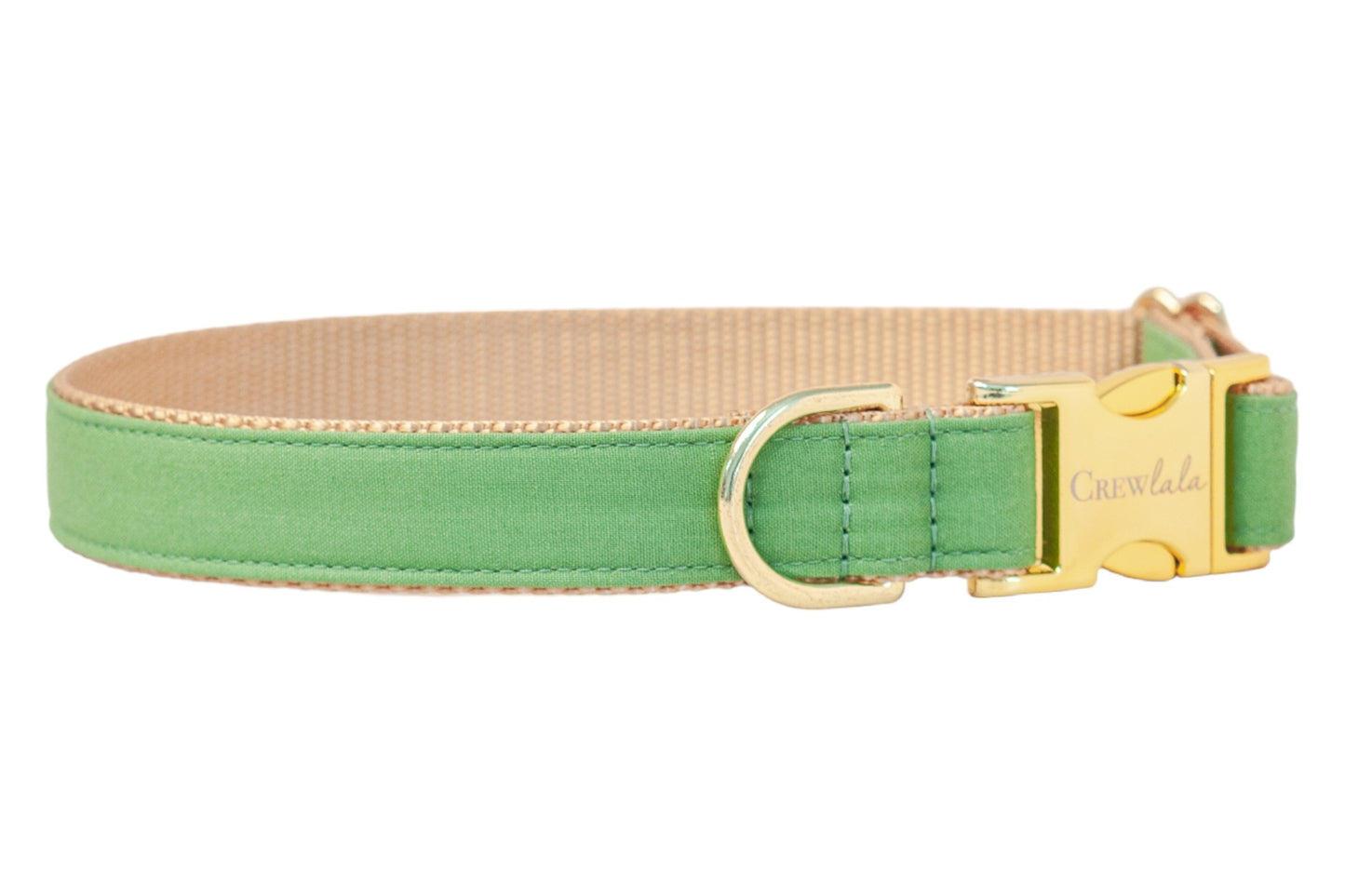 A solid laurel green dog collar with a tan webbed interior and gold-tone hardware. The collar features a shiny gold side-release buckle engraved with the brand name "Crewlala" and a matching D-ring for leash attachment