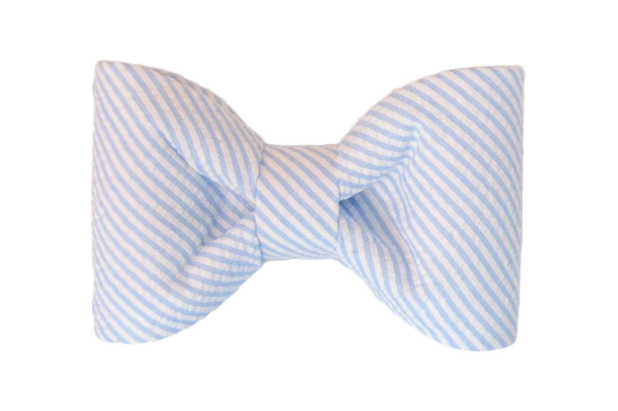 Light blue and white seersucker fabric bow tie with evenly gathered folds and a clean cinched center. The diagonal stripe pattern runs consistently across the entire bow tie, creating a timeless and elegant look.