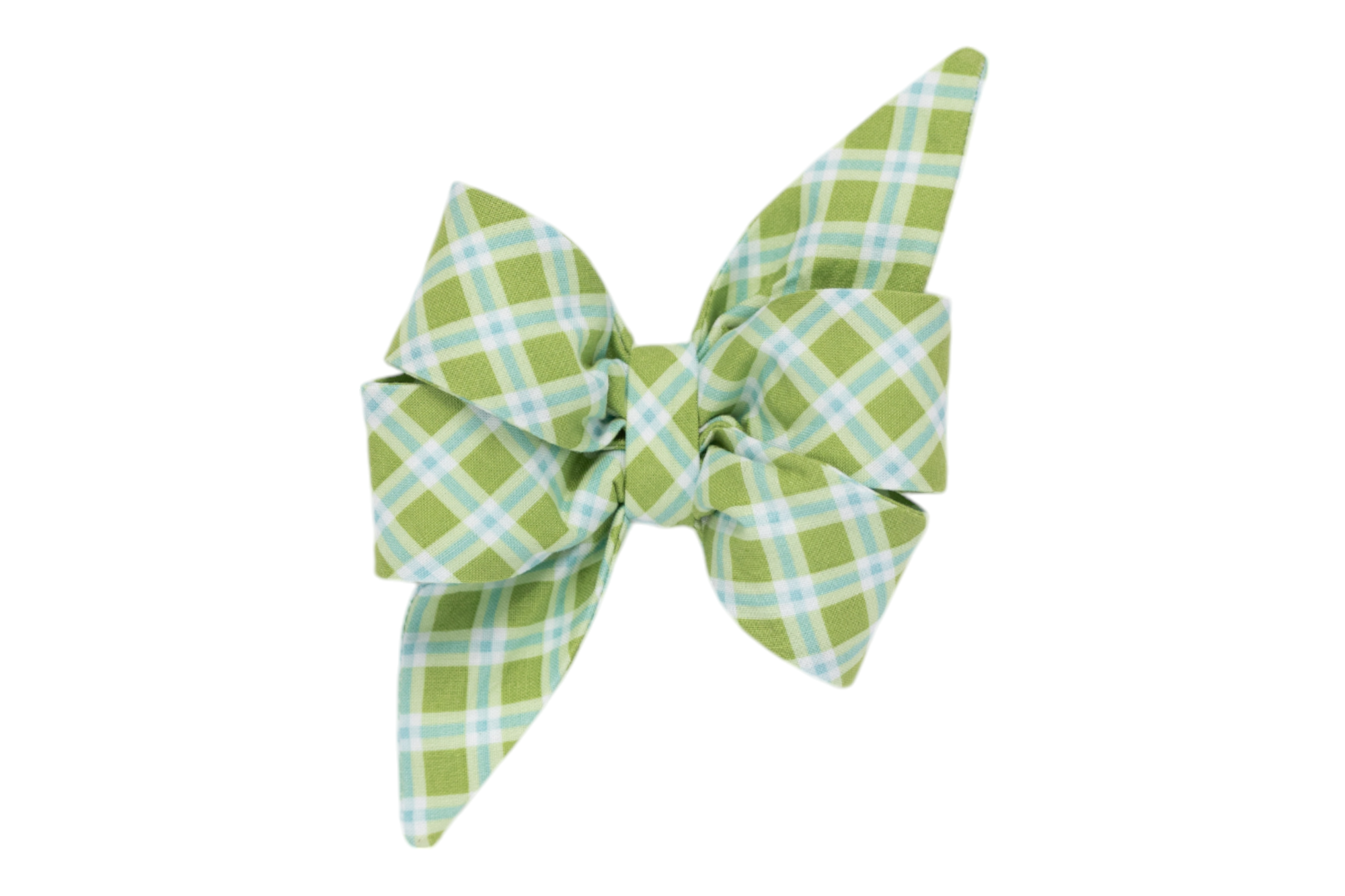 Handmade girl dog belle bow in a fresh green color, featuring a classic plaid pattern with intersecting white and light blue lines. Perfect for Spring!