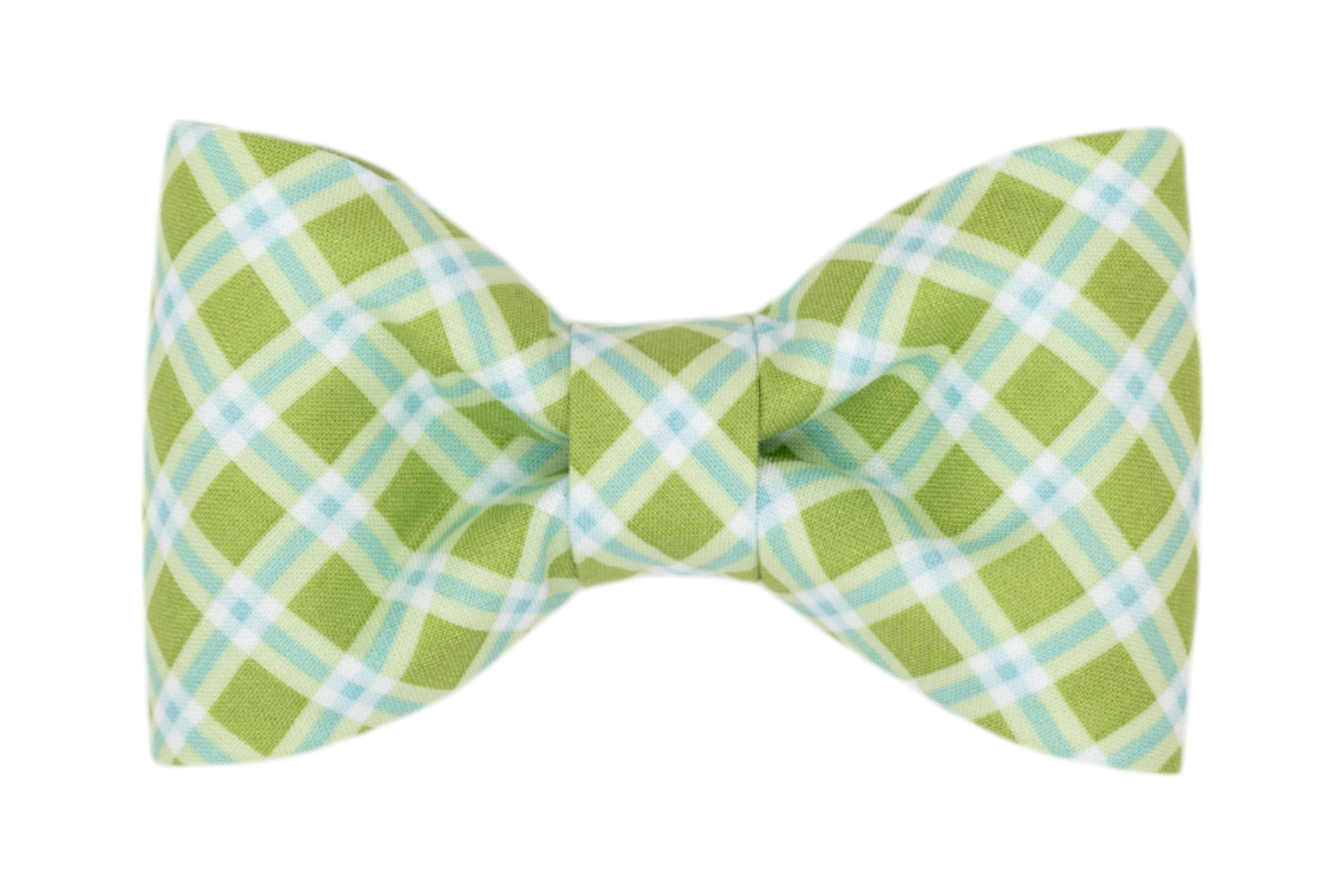 Handmade dog bow tie in a fresh green color, featuring a classic plaid pattern with intersecting white and light blue lines. Perfect for Spring!