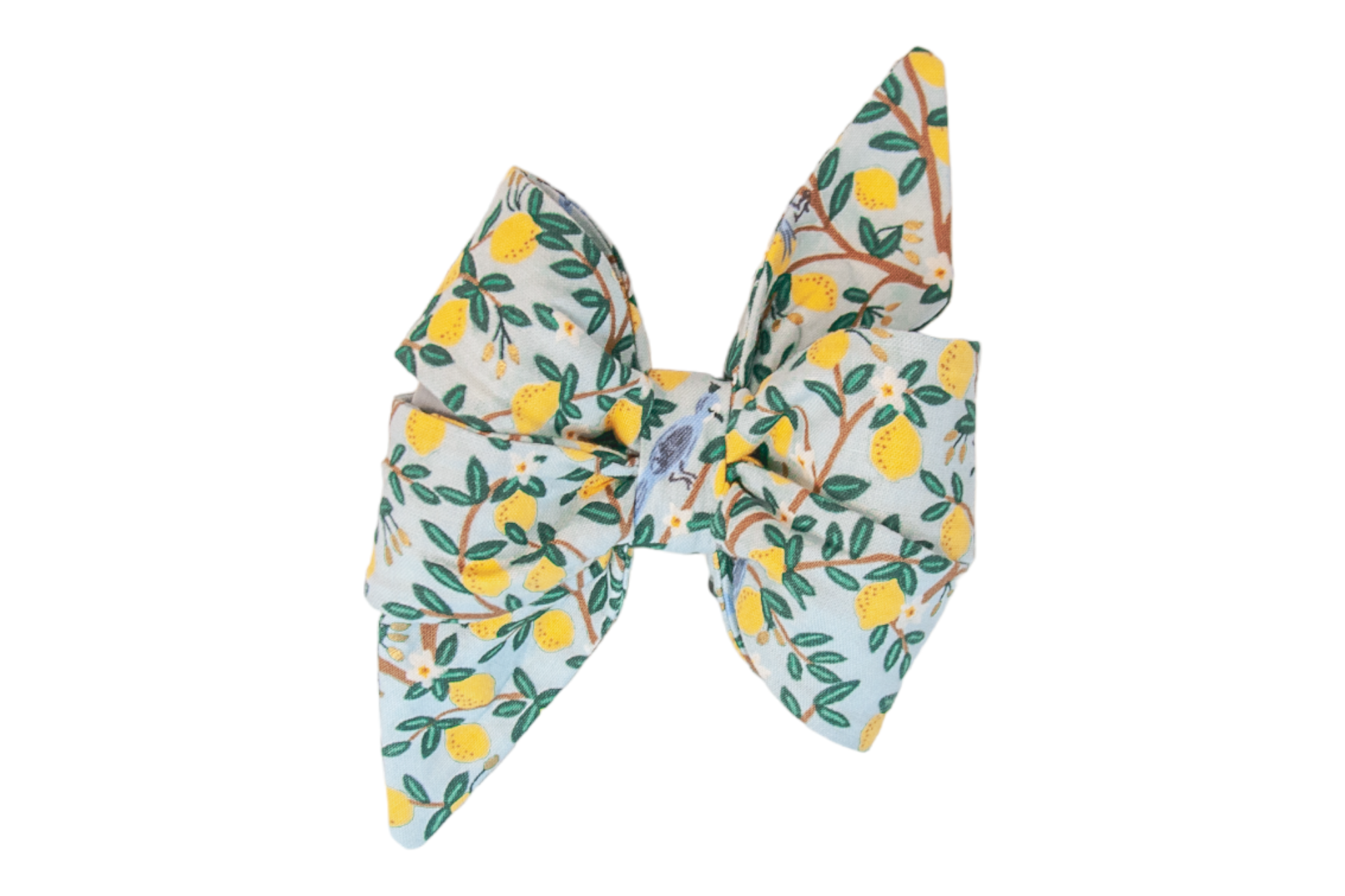 Feminine dog belle bow with pointed tails, decorated in a vibrant lemon branch pattern with bright yellow lemons, leafy greenery, and a subtle blue bird accent, creating a fresh and summery look.