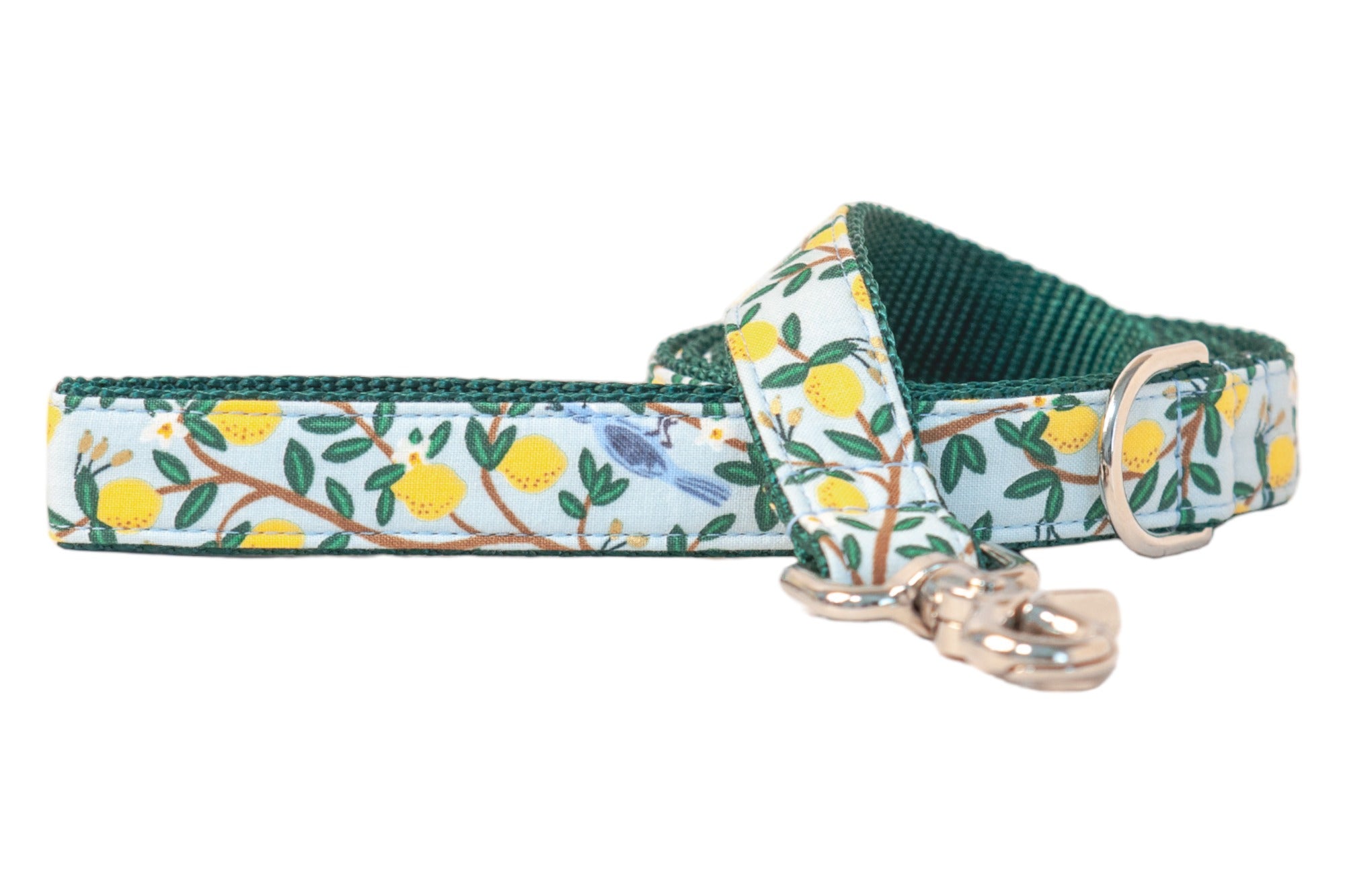A stylish dog leash printed with a detailed pattern of yellow lemons and leafy branches, accented by blue birds. The inside lining is hunter green, and it includes a shiny silver clasp and D-ring.
