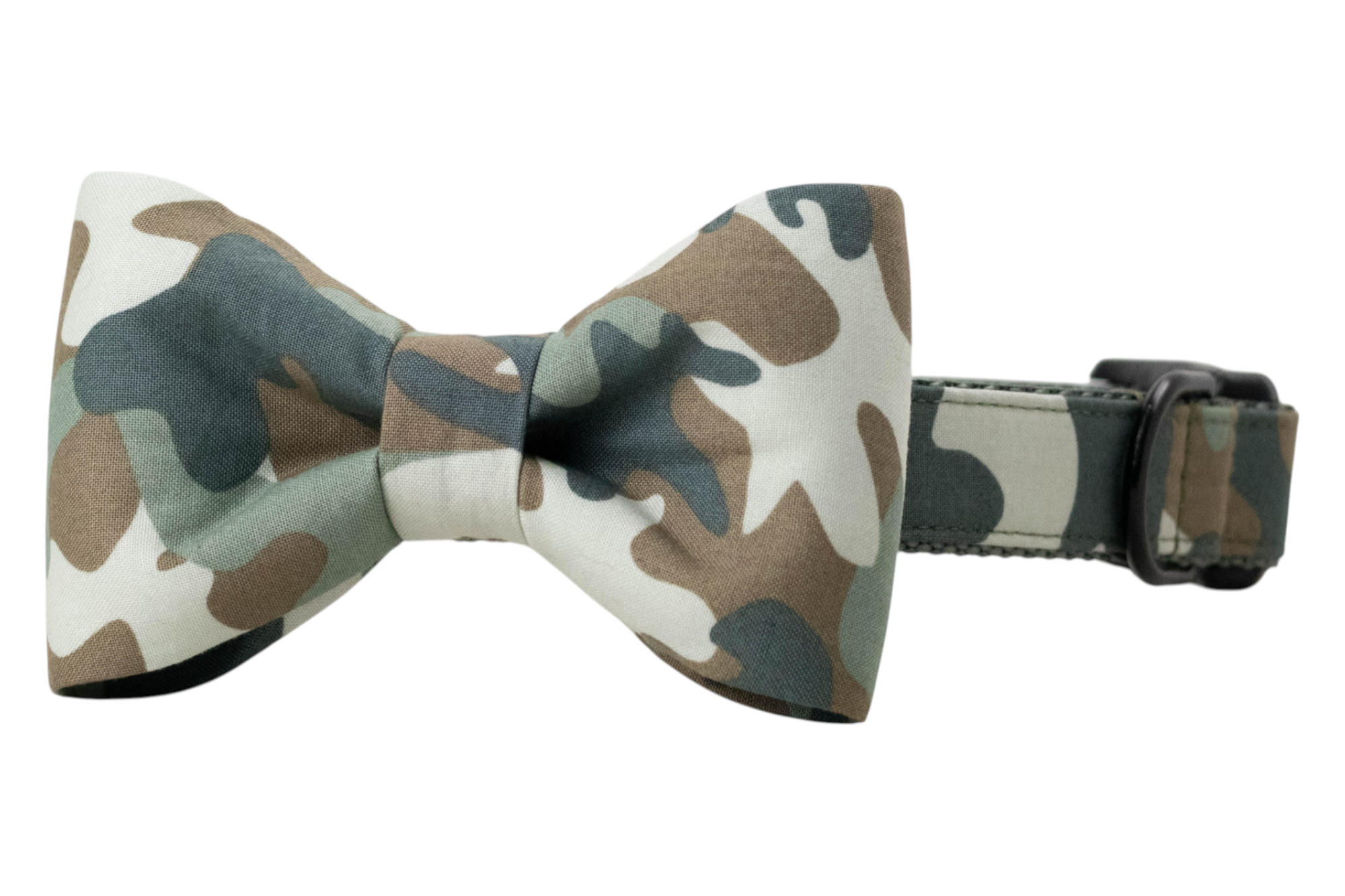 A dapper dog collar with an attached matching camouflage bow tie, combining rugged charm with polished style for pups who dress to impress on every outing.