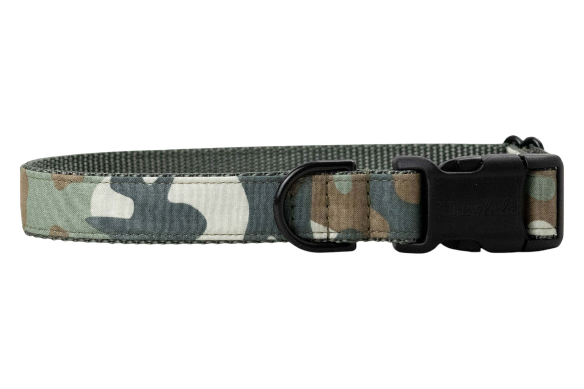 Camo-print dog collar featuring rugged stitching, a sturdy side-release buckle, and a metal D-ring—made for pups who like to walk on the wild side.