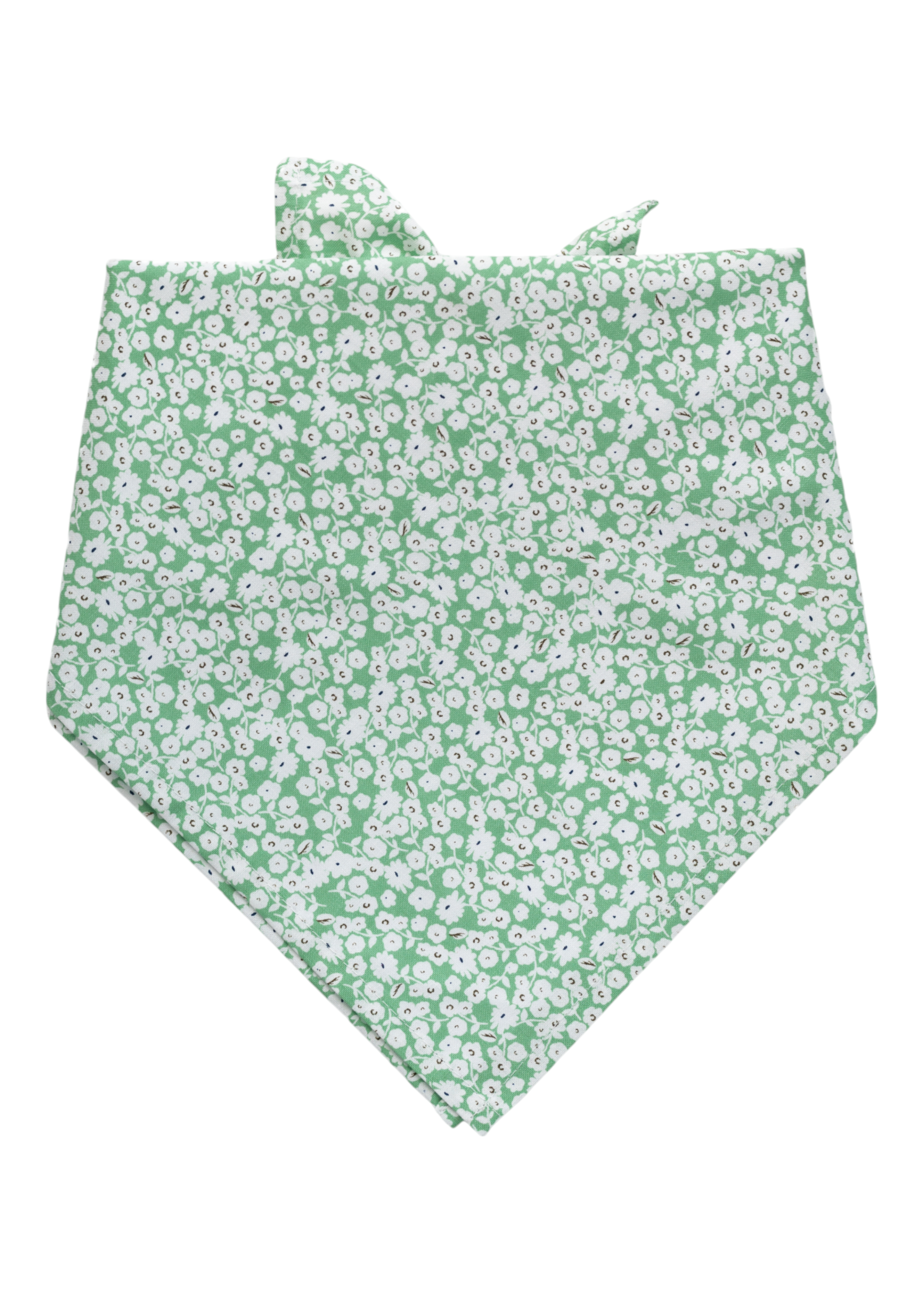 Light green bandana covered in a closely packed floral pattern of small white blossoms. Perfect for Spring, Easter, and St. Patricks Day!