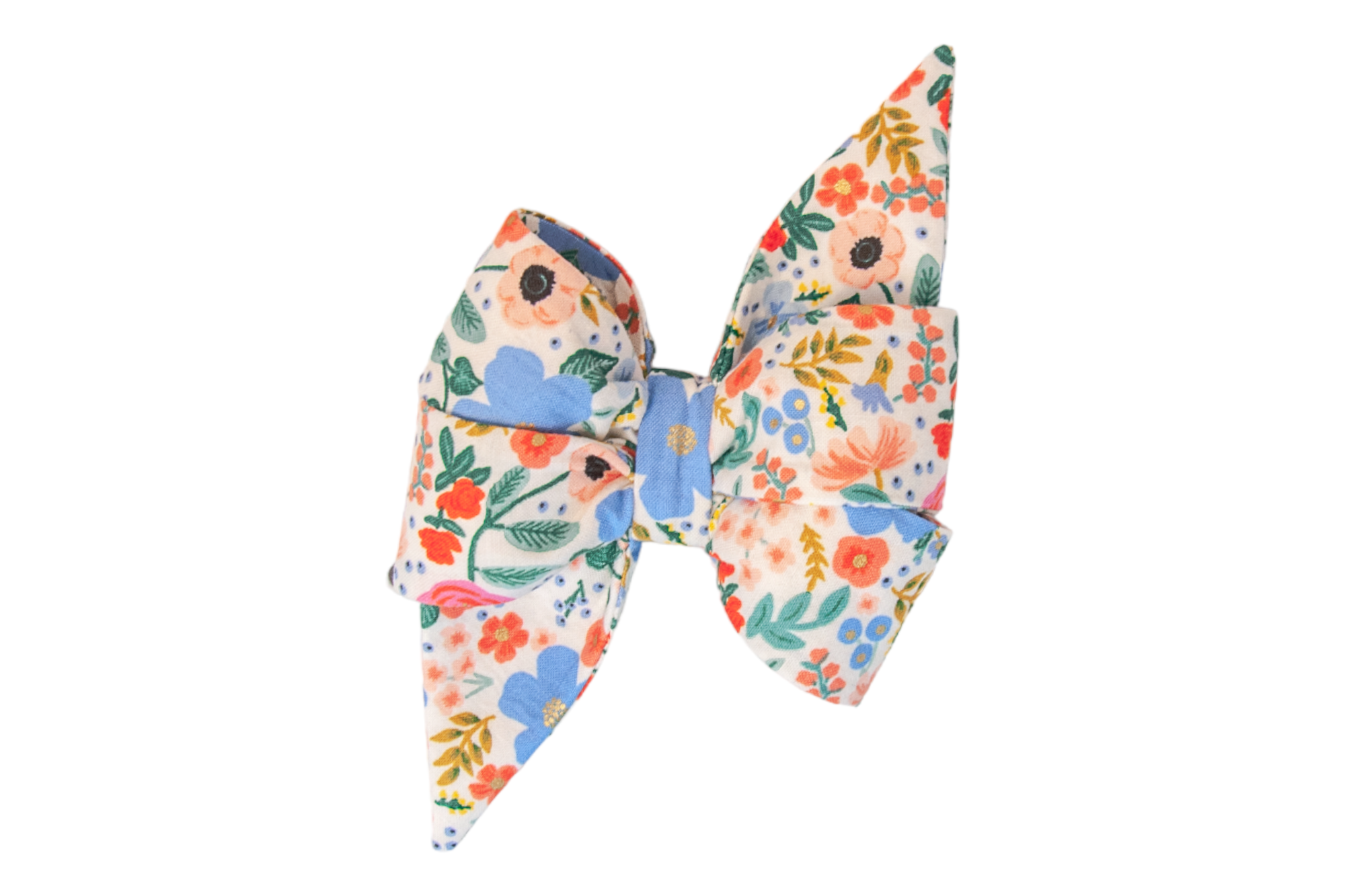 A vibrant floral feminine belle bow with bright blossoms in red, orange, and blue, shaped with elegant pointed ends and a gathered center.