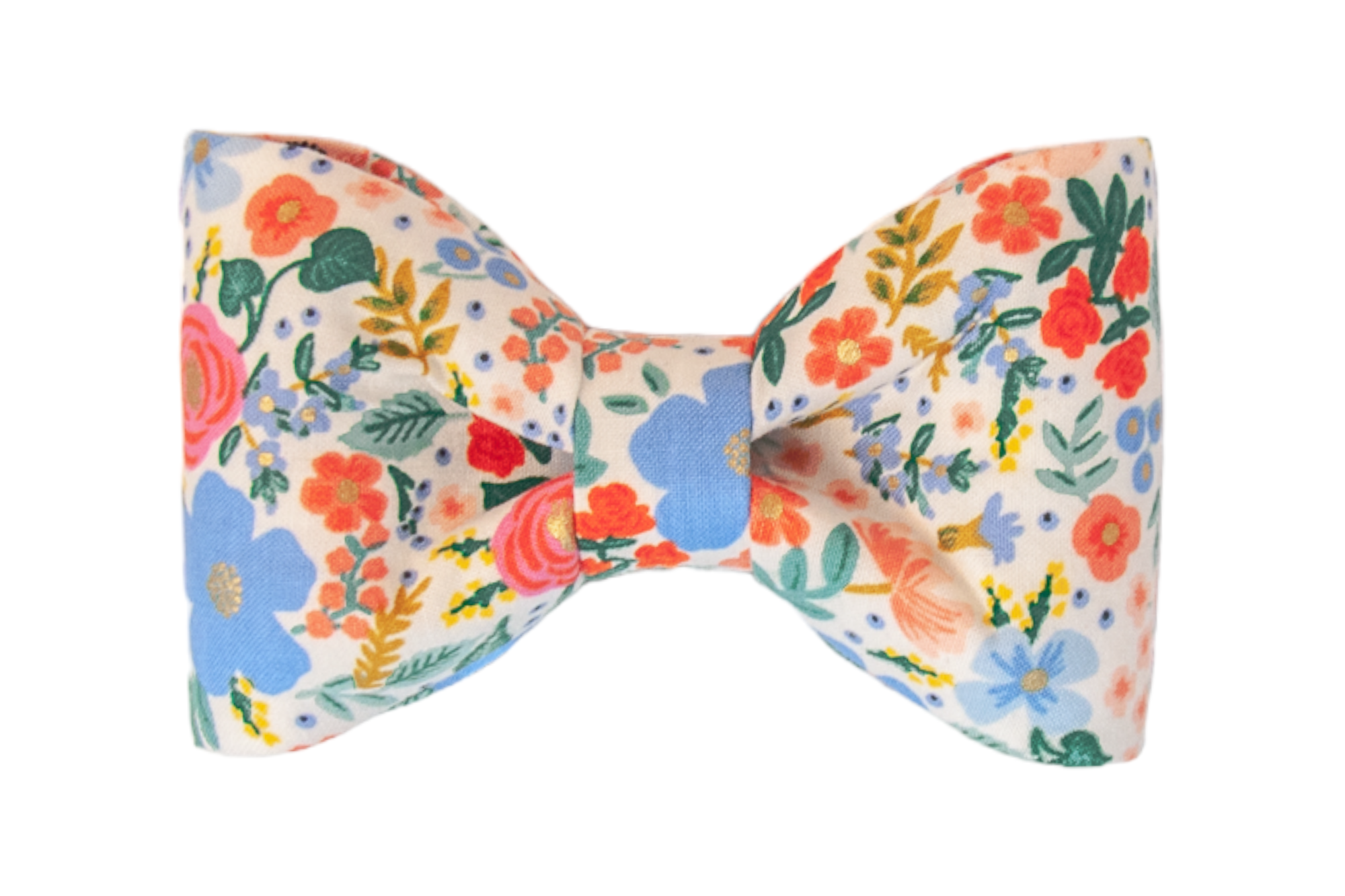 Charming fabric bow tie with a bold floral pattern in vivid spring colors, designed with a full, rounded silhouette and neatly cinched center. Perfect for dapper dog!