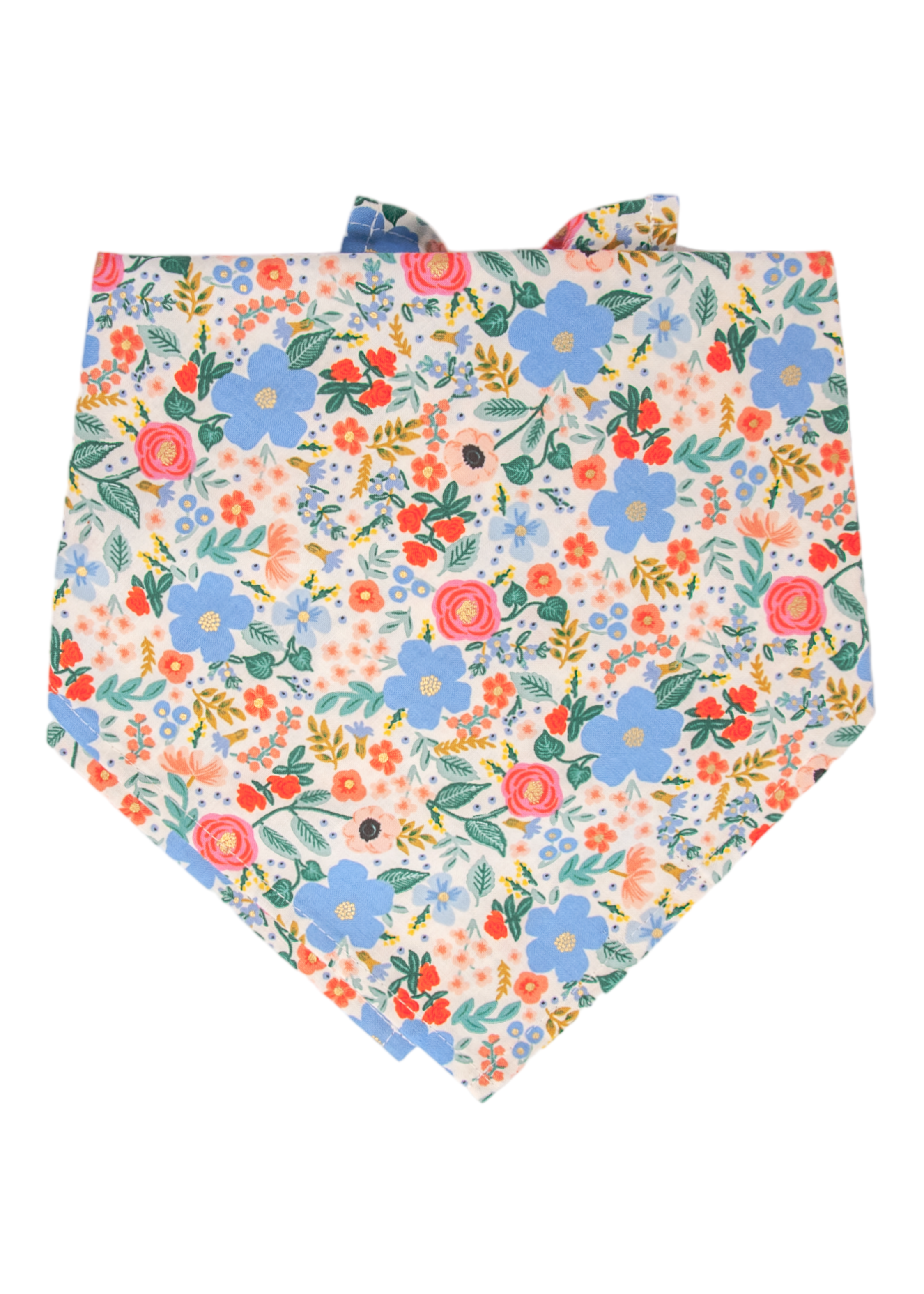 A vibrant dog bandana featuring bright blue, coral, and pink flowers with green leaves on a soft white fabric, tied at the top.