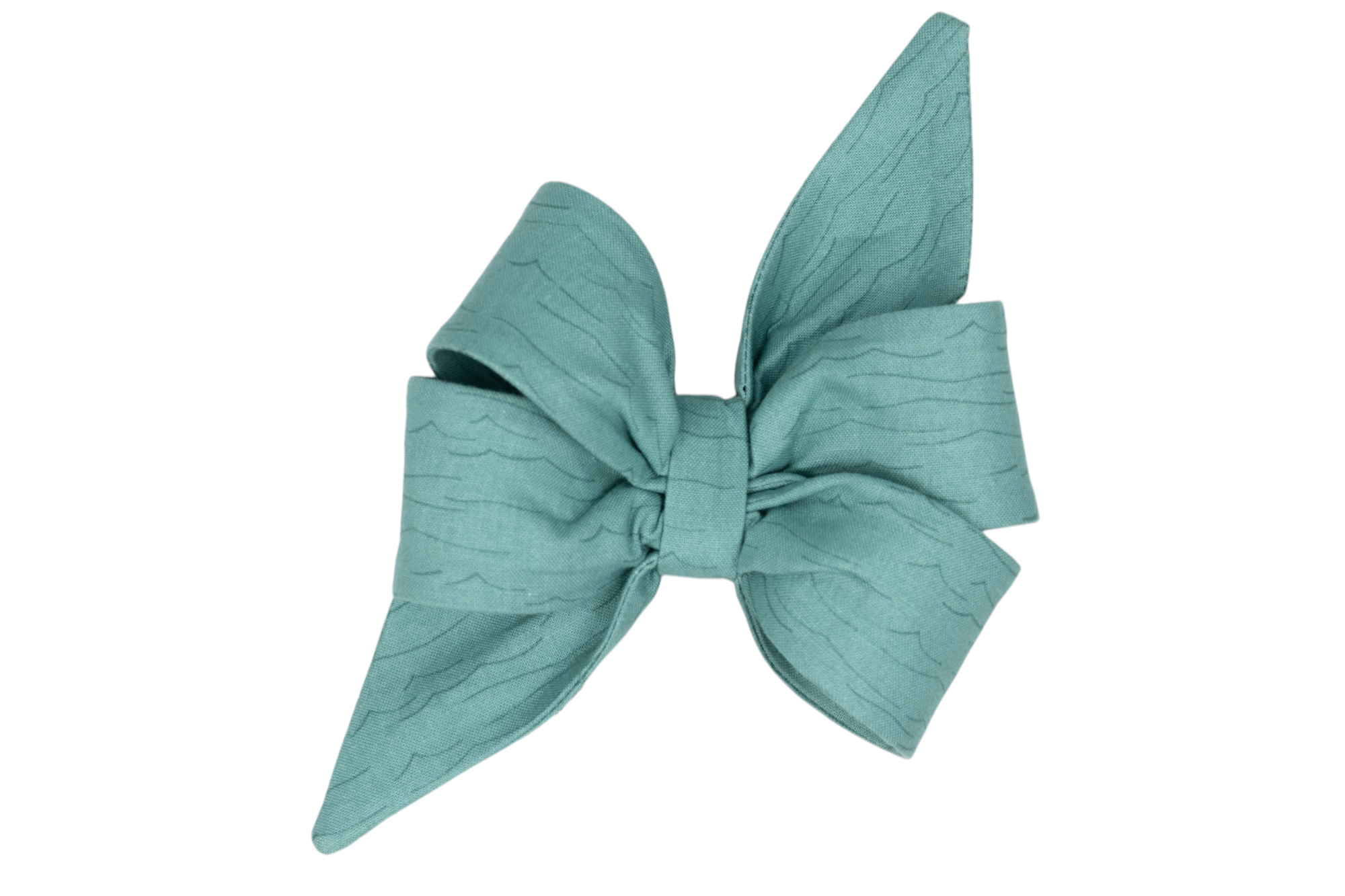 A large teal girl dog belle bow with pointed tails and subtle wavy textured lines throughout the fabric, tied at the center for a full, elegant shape
