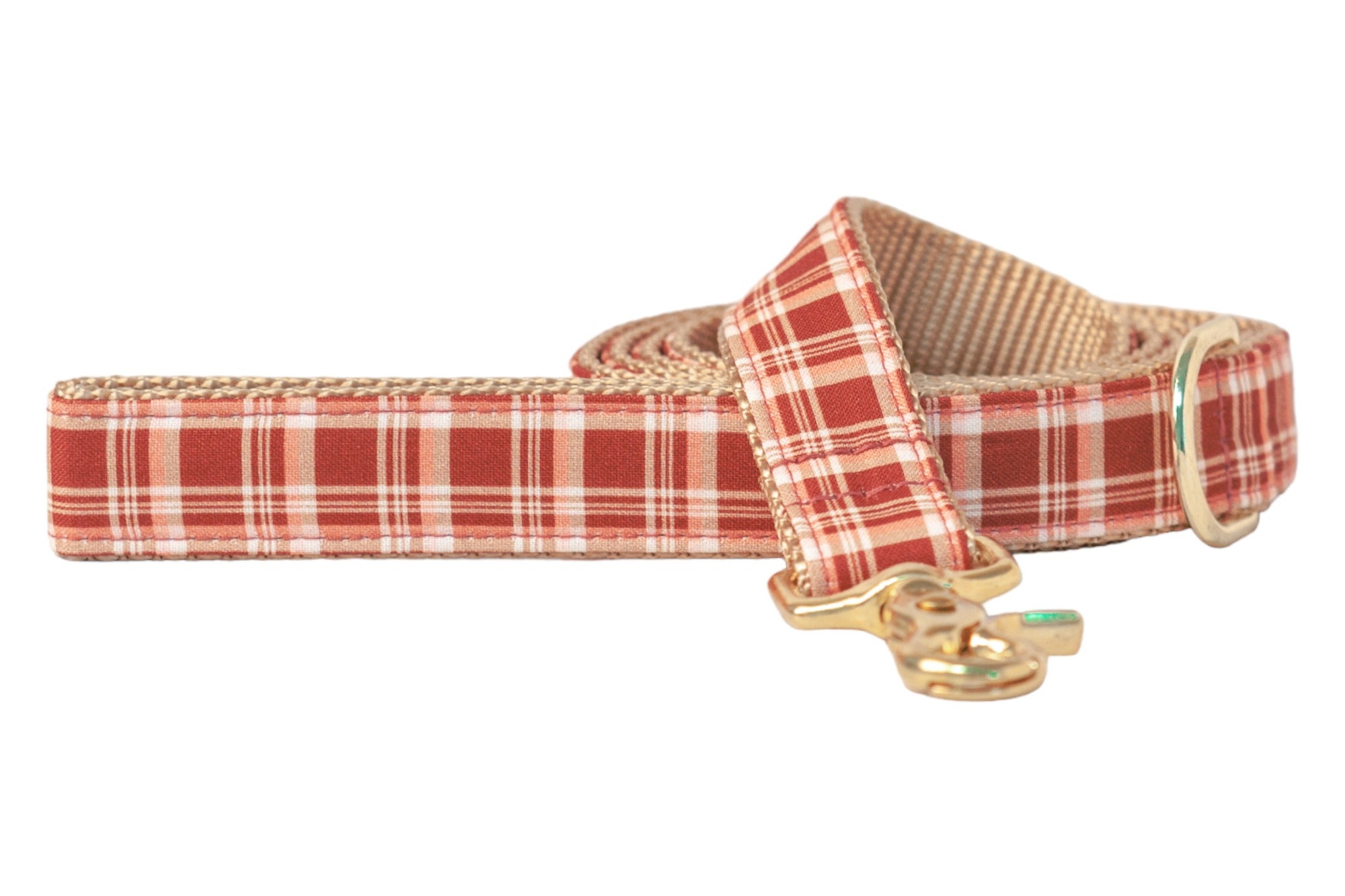 Classic autumnal red plaid dog leash, finished with metal hardware and reinforced stitching.