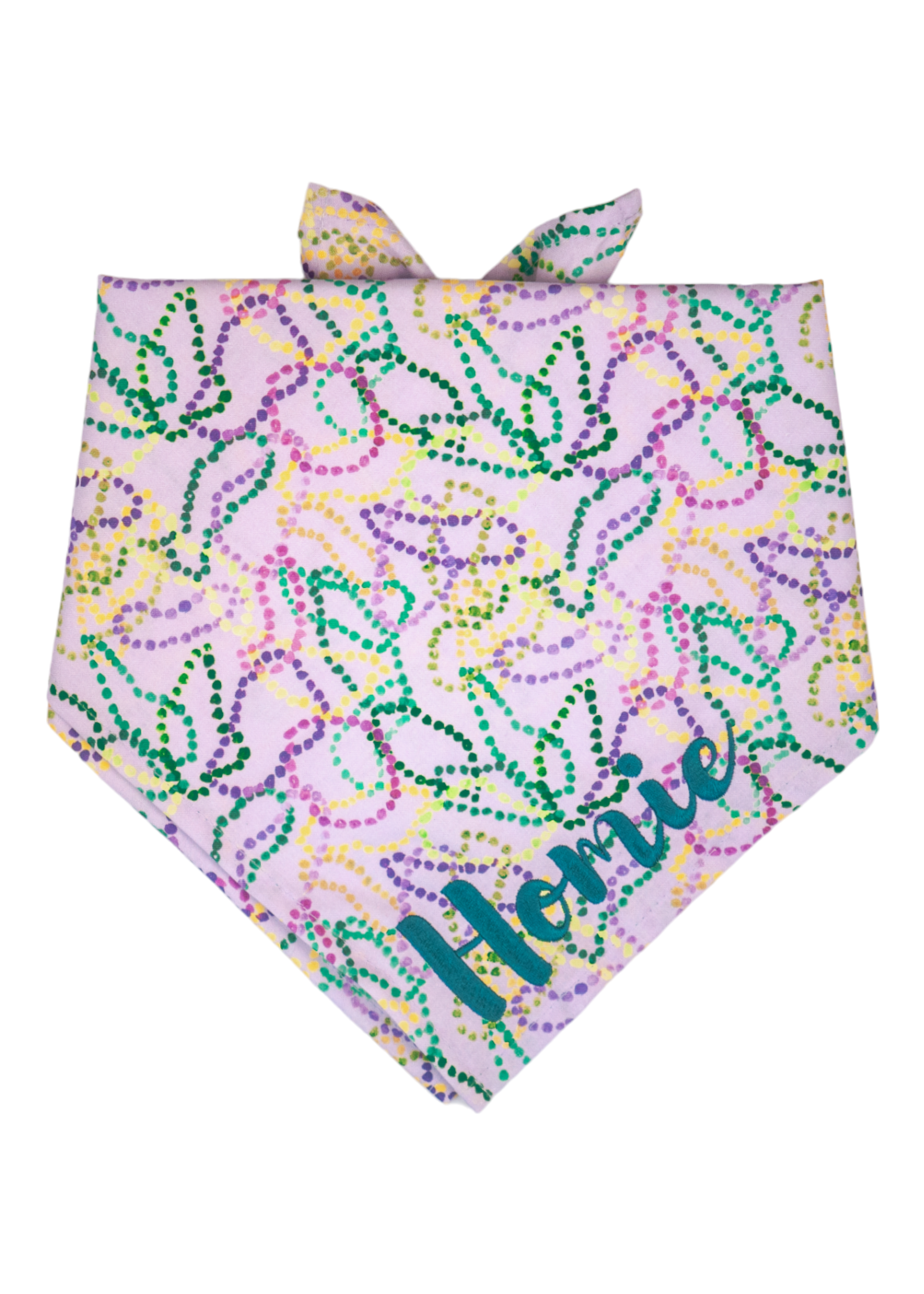 Mardi Gras dog bandana with a festive print of overlapping bead strands on a soft lavender background—perfect for parades, parties, and paw-some celebrations. The name "Homie" is embroidered in the lower right.